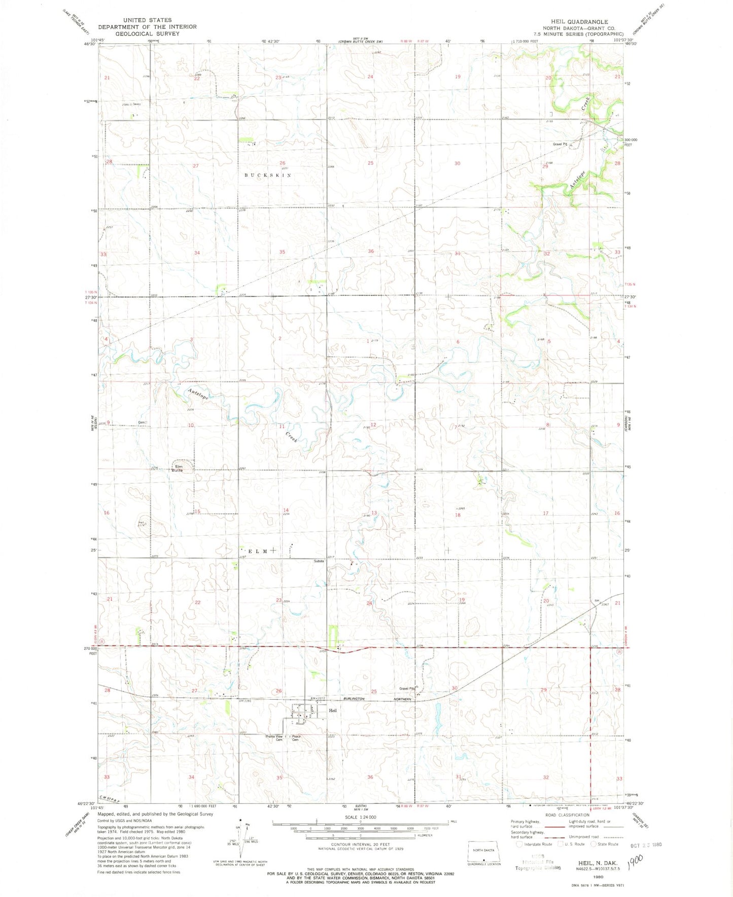 Classic USGS Heil North Dakota 7.5'x7.5' Topo Map Image