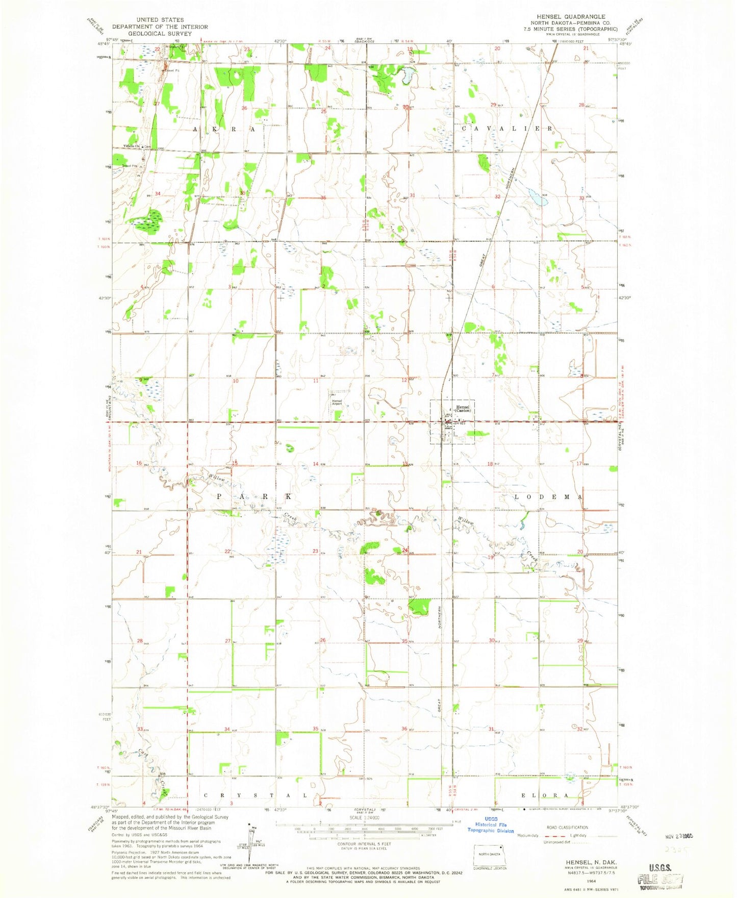Classic USGS Hensel North Dakota 7.5'x7.5' Topo Map Image