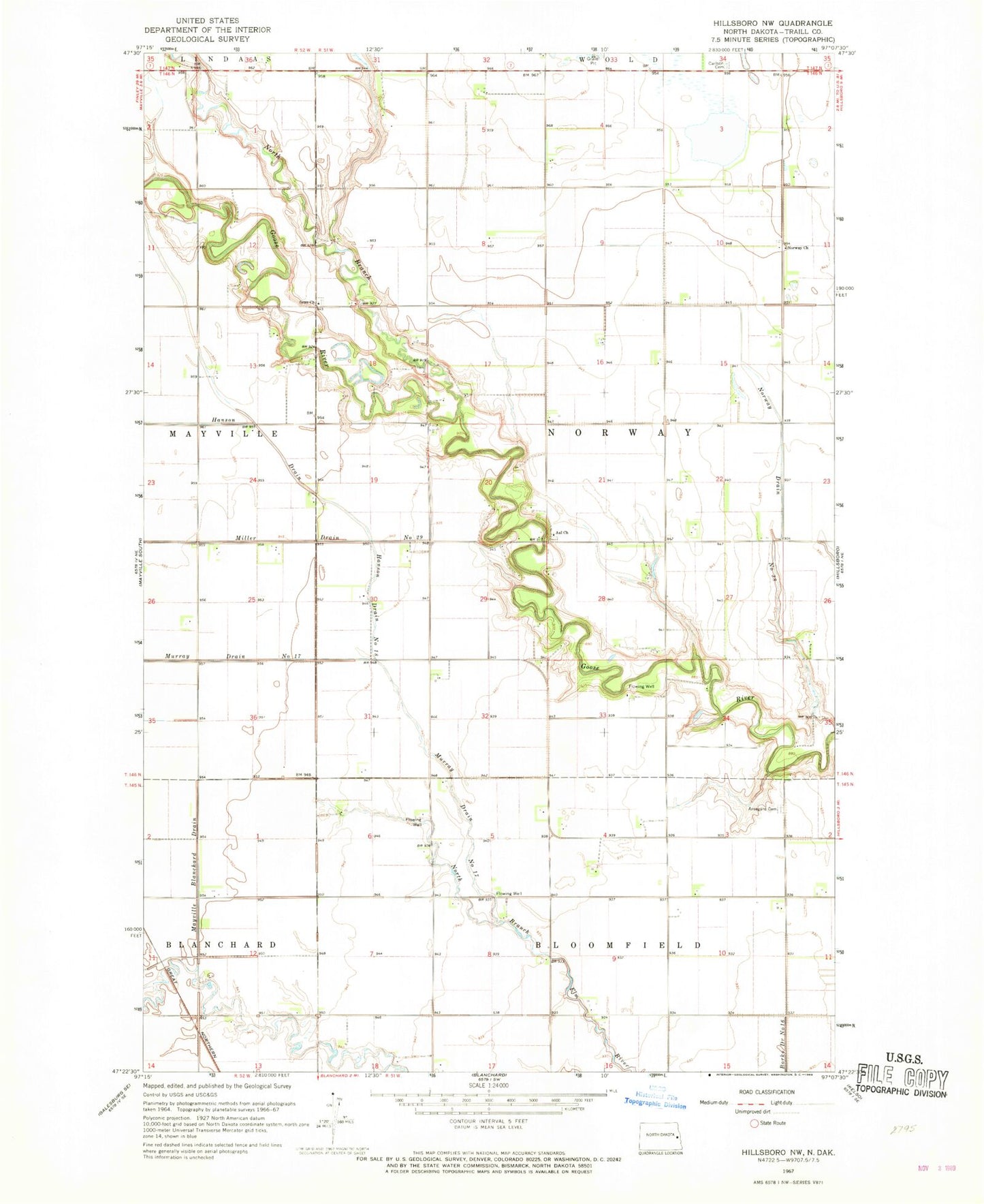 Classic USGS Hillsboro NW North Dakota 7.5'x7.5' Topo Map Image