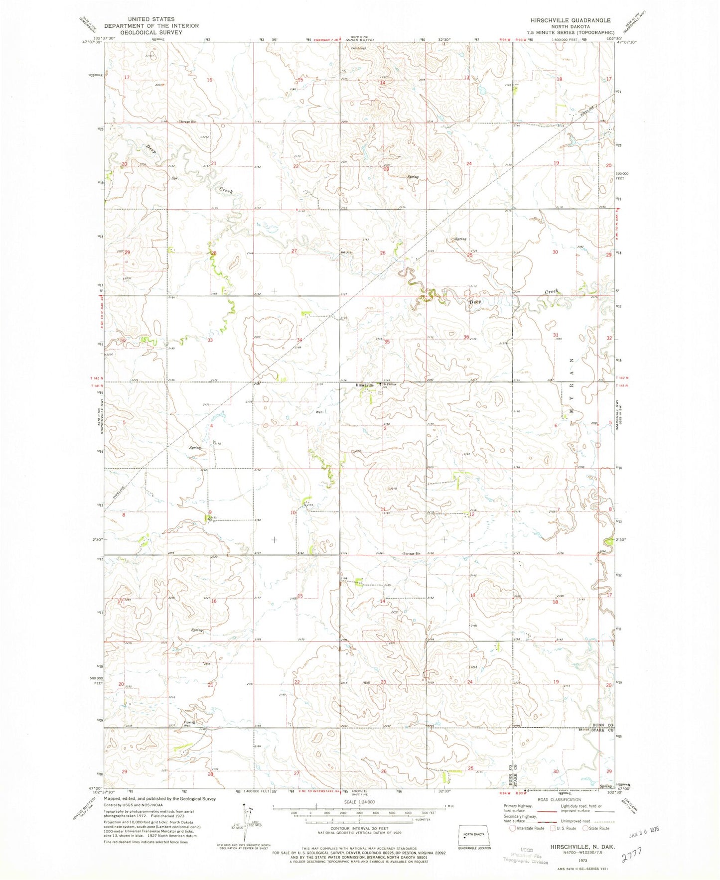 Classic USGS Hirschville North Dakota 7.5'x7.5' Topo Map Image
