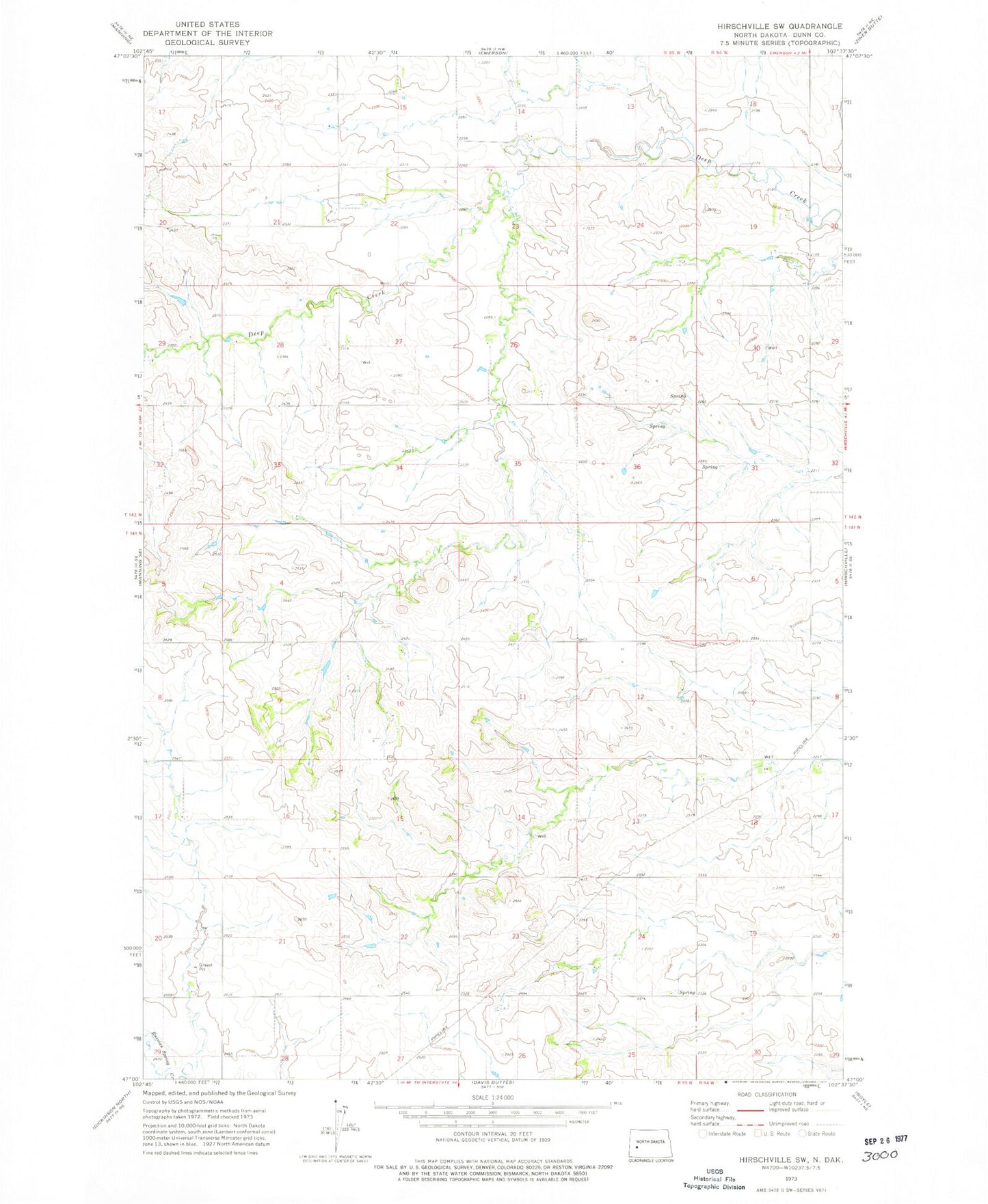 Classic USGS Hirschville SW North Dakota 7.5'x7.5' Topo Map Image