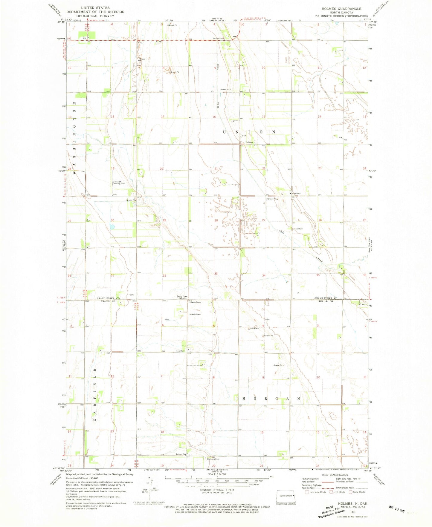 Classic USGS Holmes North Dakota 7.5'x7.5' Topo Map Image