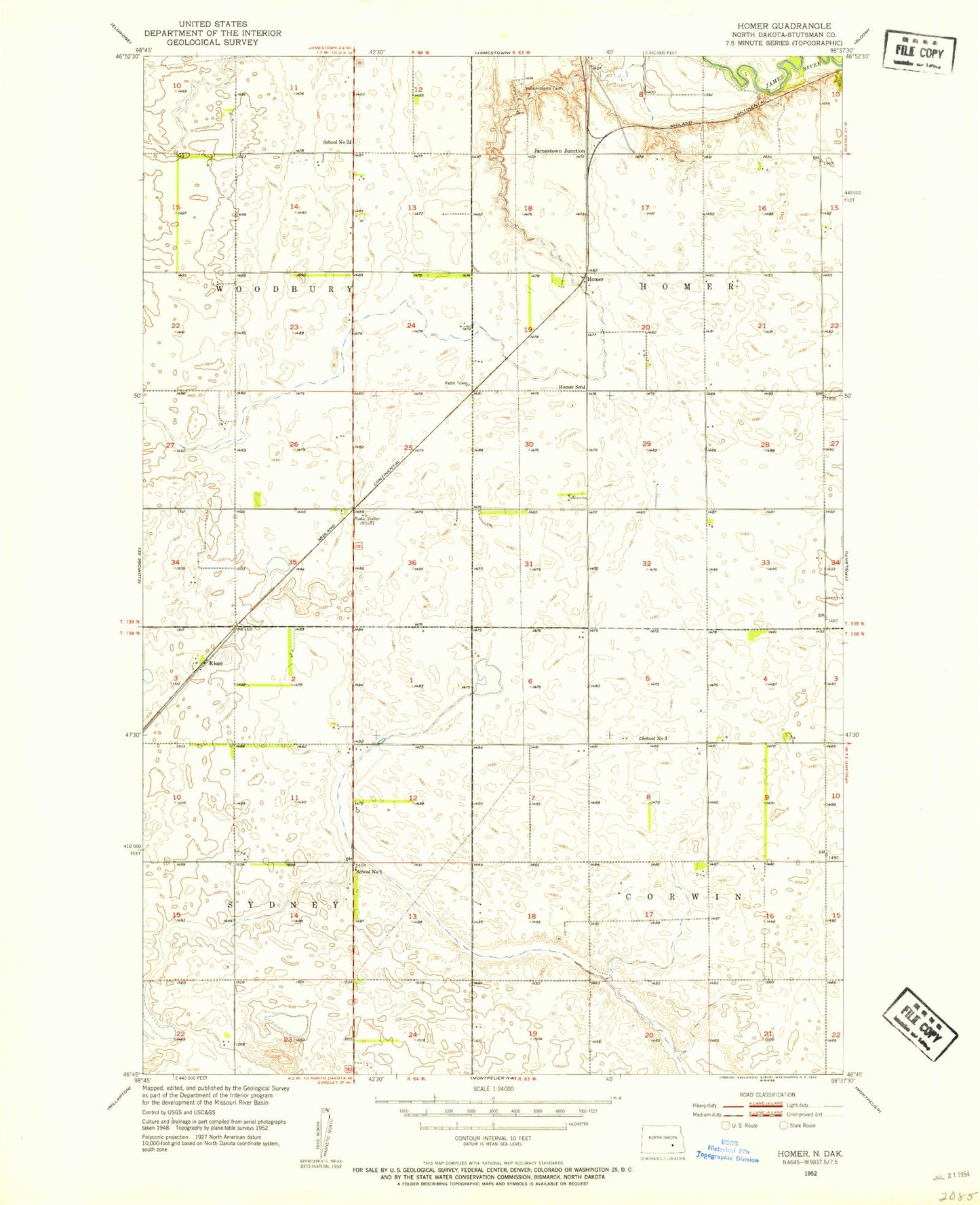 Classic USGS Homer North Dakota 7.5'x7.5' Topo Map Image