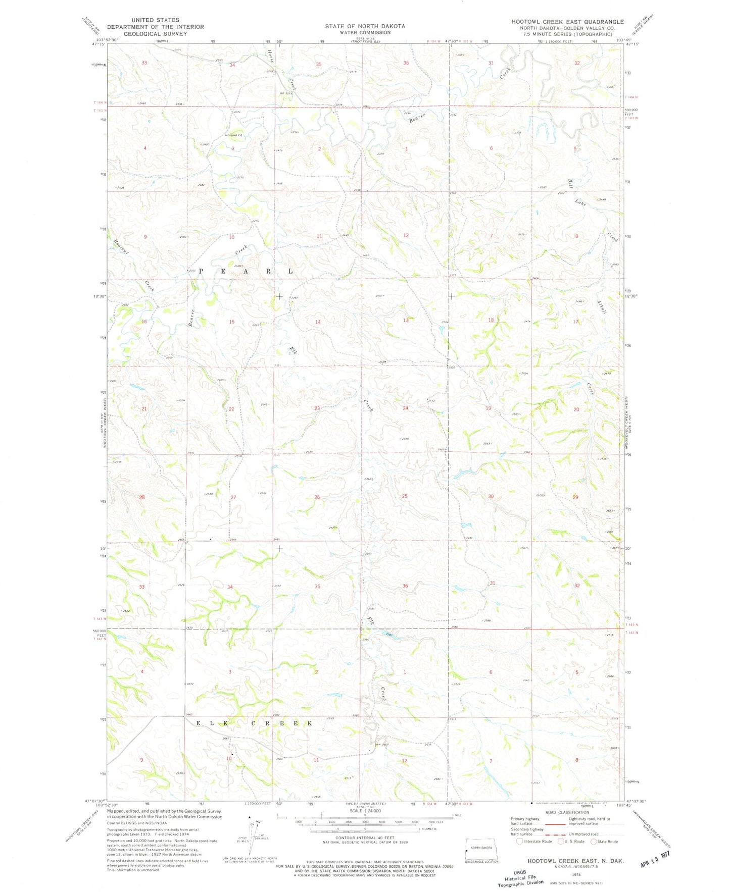 Classic USGS Hootowl Creek East North Dakota 7.5'x7.5' Topo Map Image