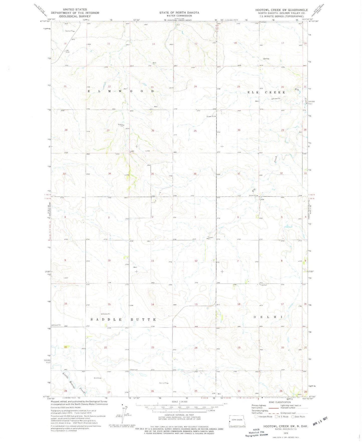 Classic USGS Hootowl Creek SW North Dakota 7.5'x7.5' Topo Map Image