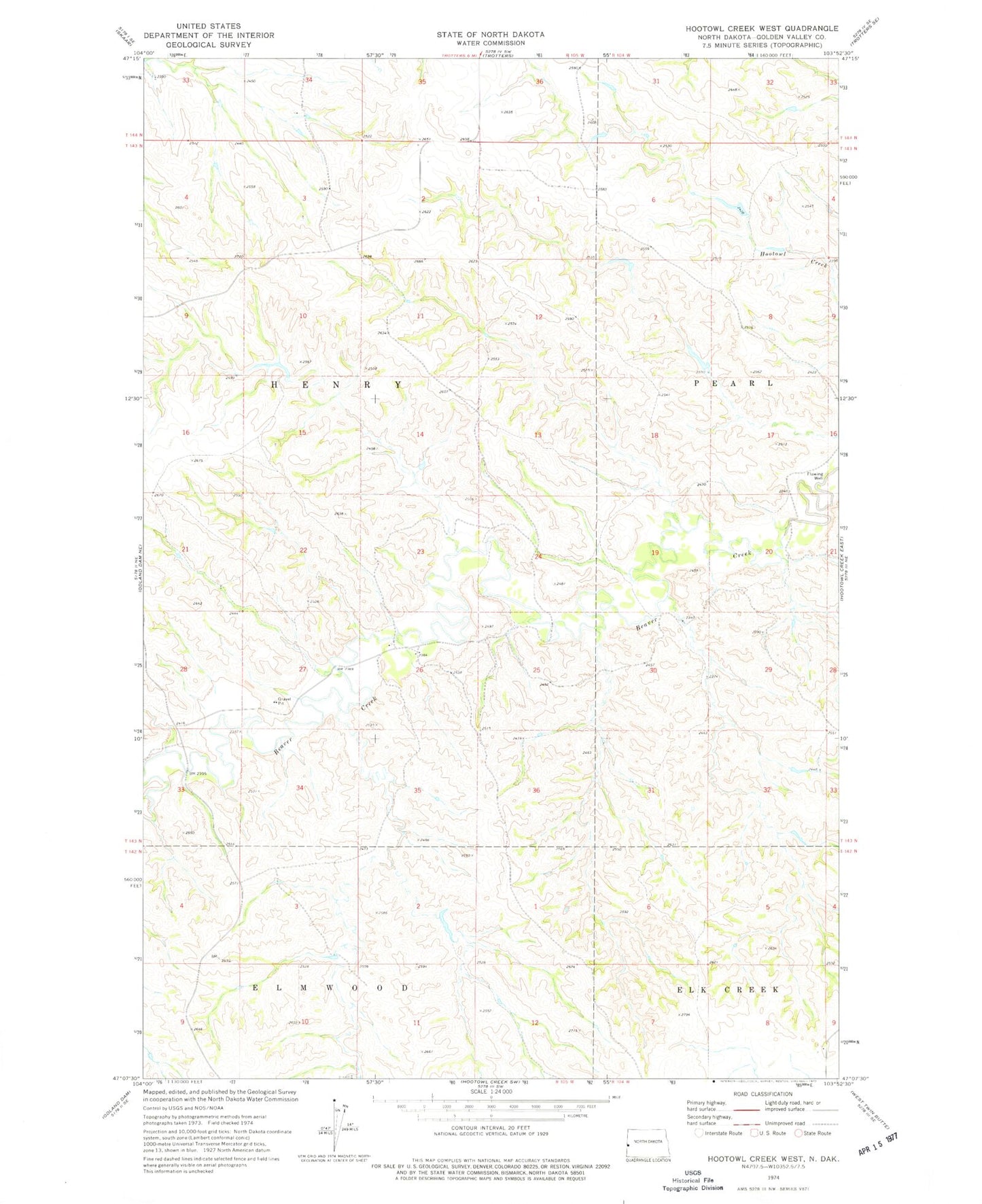 Classic USGS Hootowl Creek West North Dakota 7.5'x7.5' Topo Map Image