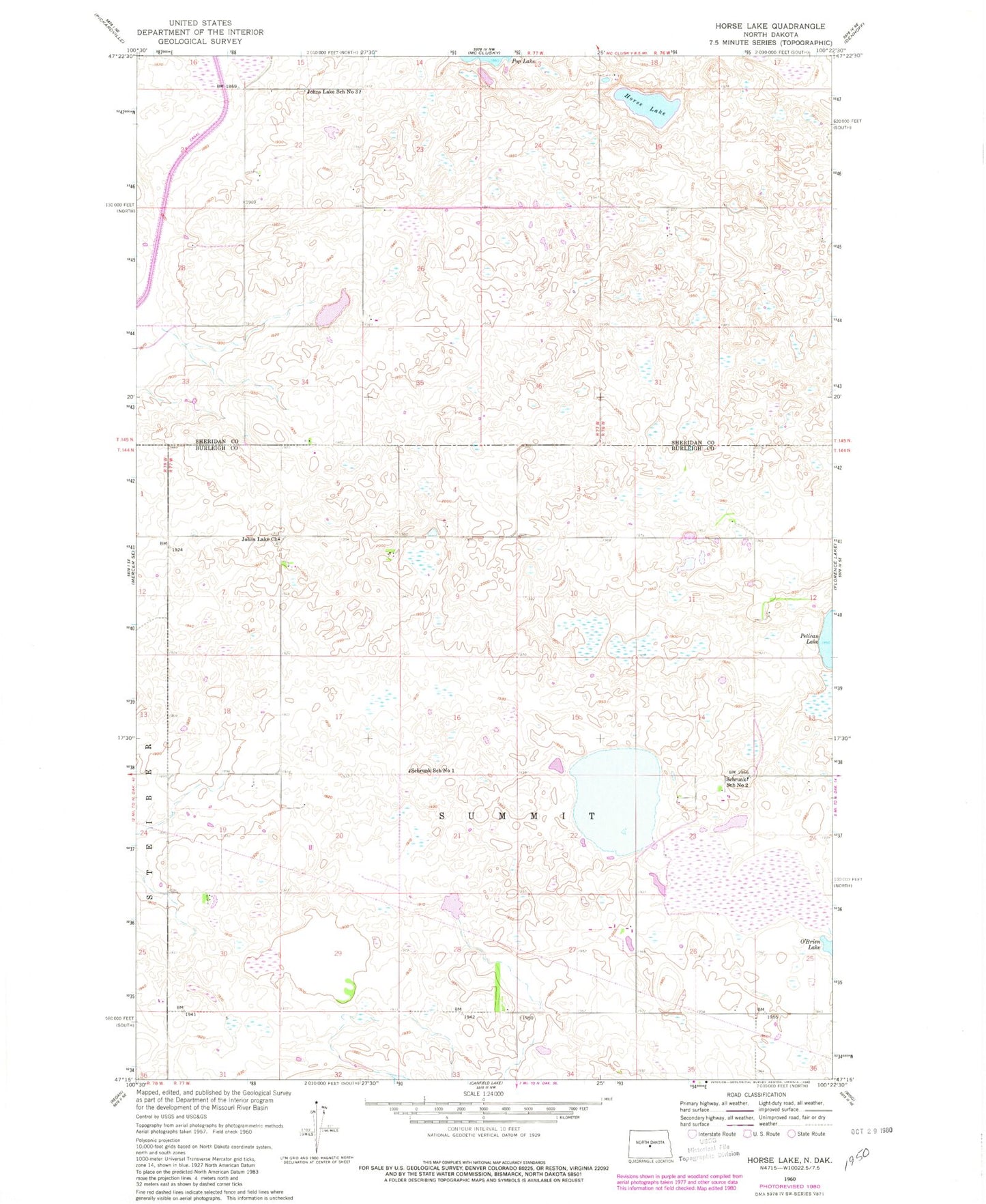 Classic USGS Horse Lake North Dakota 7.5'x7.5' Topo Map Image