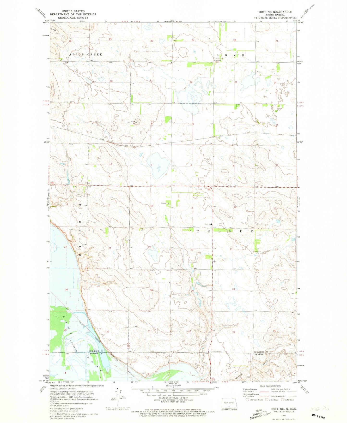 Classic USGS Huff NE North Dakota 7.5'x7.5' Topo Map Image