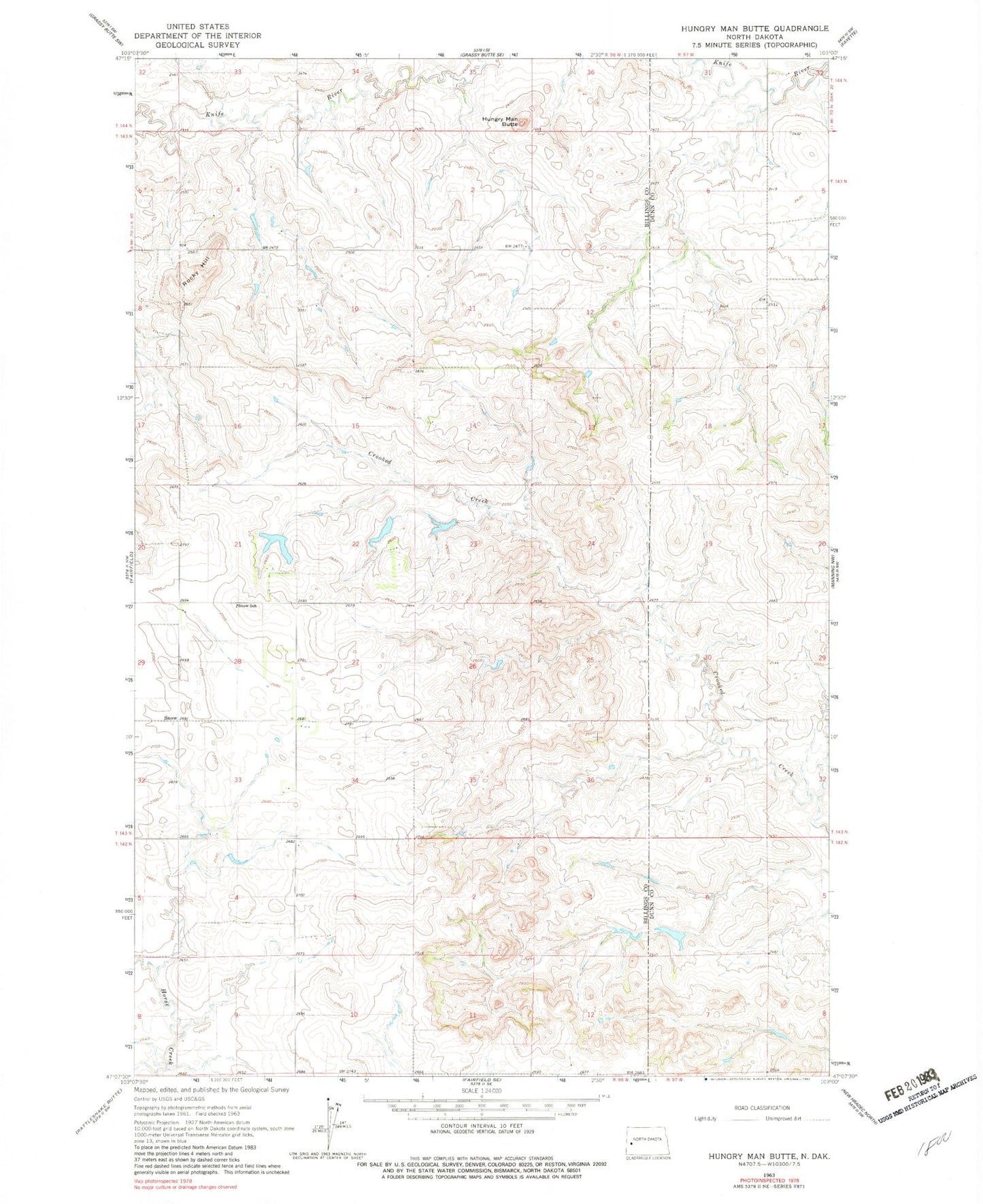 Classic USGS Hungry Man Butte North Dakota 7.5'x7.5' Topo Map Image
