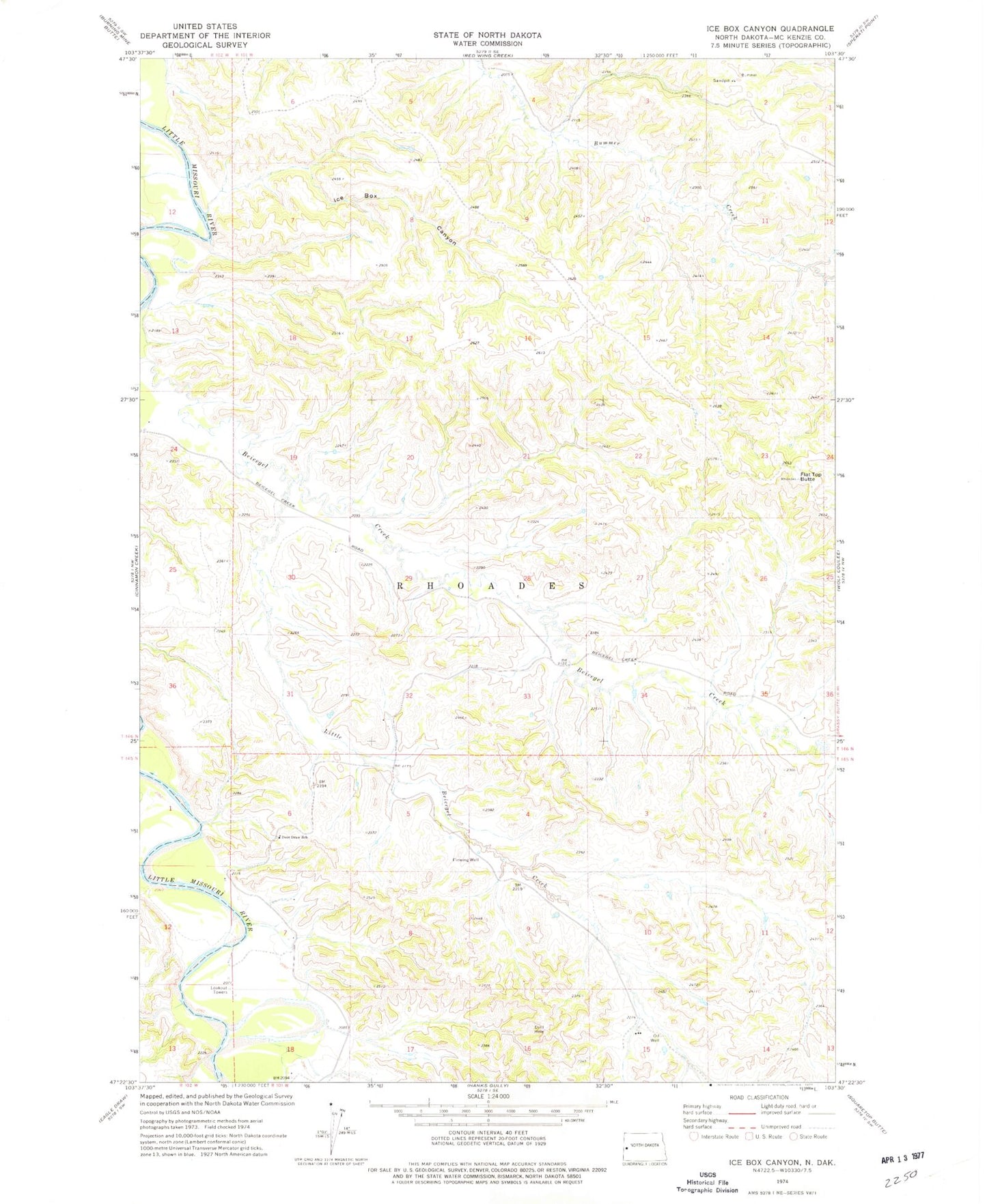 Classic USGS Ice Box Canyon North Dakota 7.5'x7.5' Topo Map Image