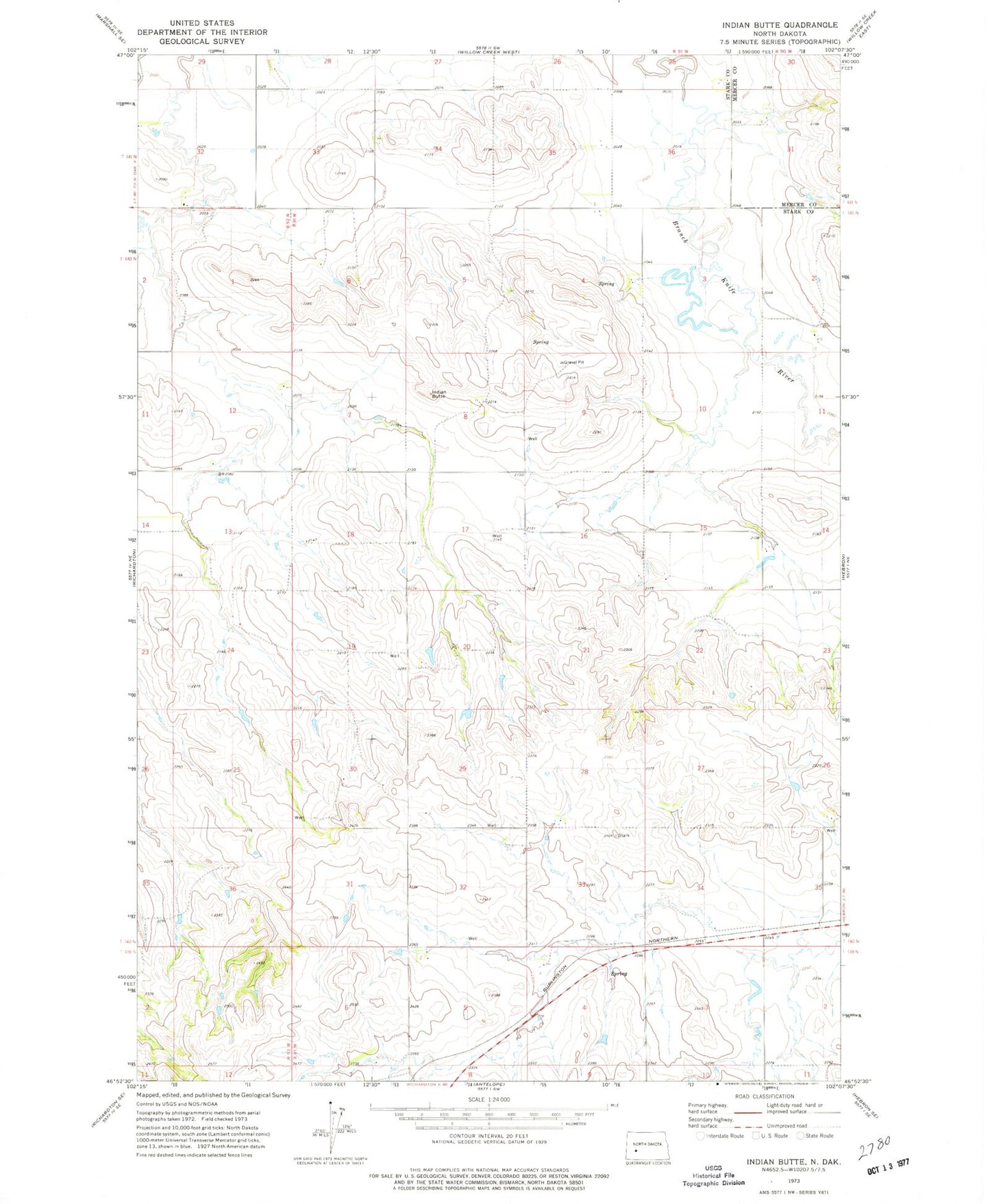 Classic USGS Indian Butte North Dakota 7.5'x7.5' Topo Map Image