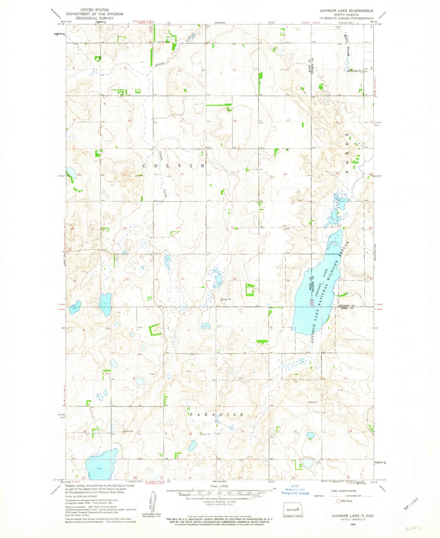 Classic USGS Johnson Lake North Dakota 7.5'x7.5' Topo Map Image