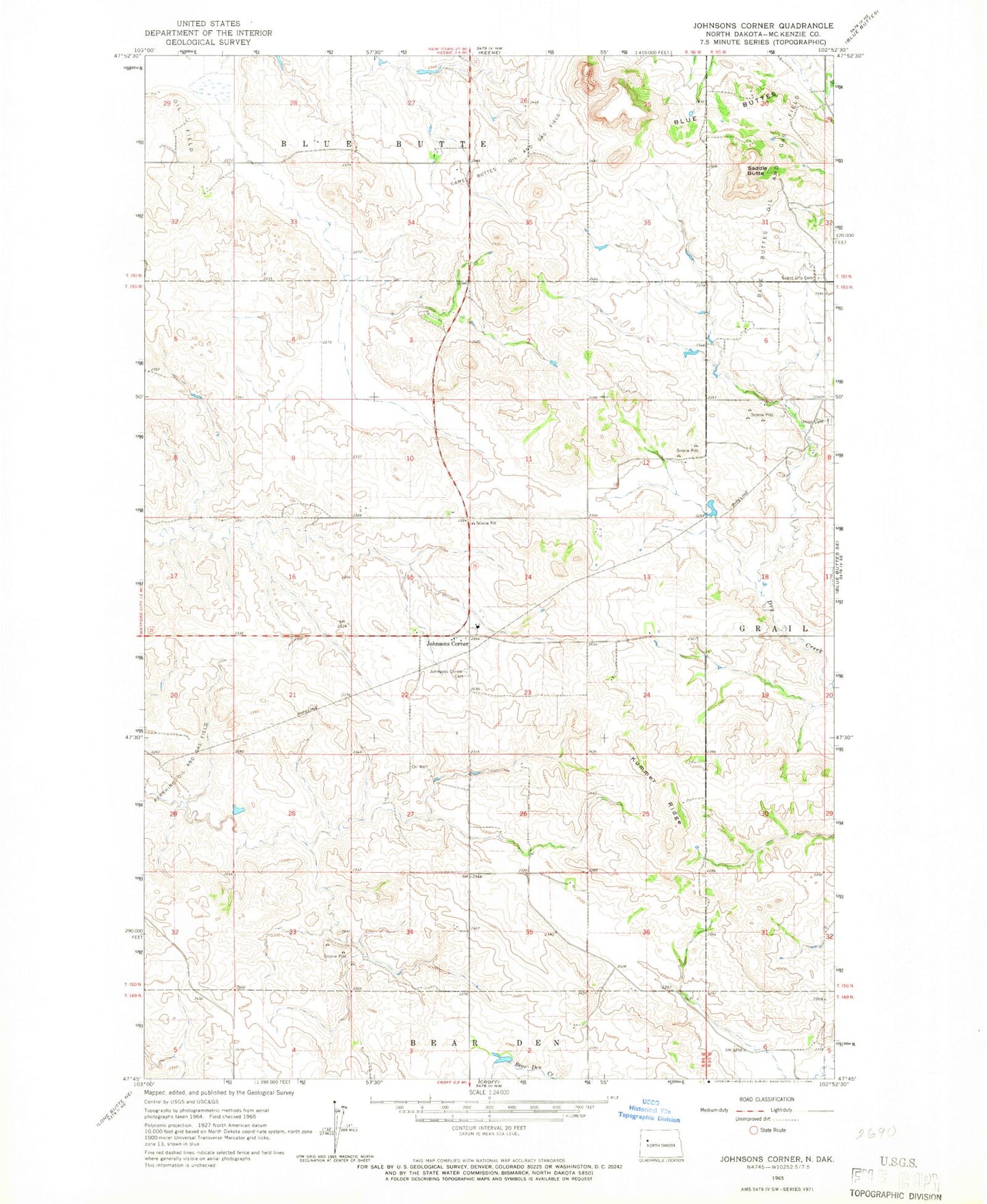 Classic USGS Johnsons Corner North Dakota 7.5'x7.5' Topo Map Image