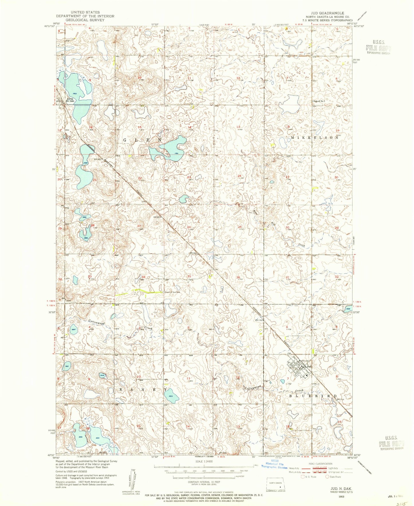 Classic USGS Jud North Dakota 7.5'x7.5' Topo Map Image