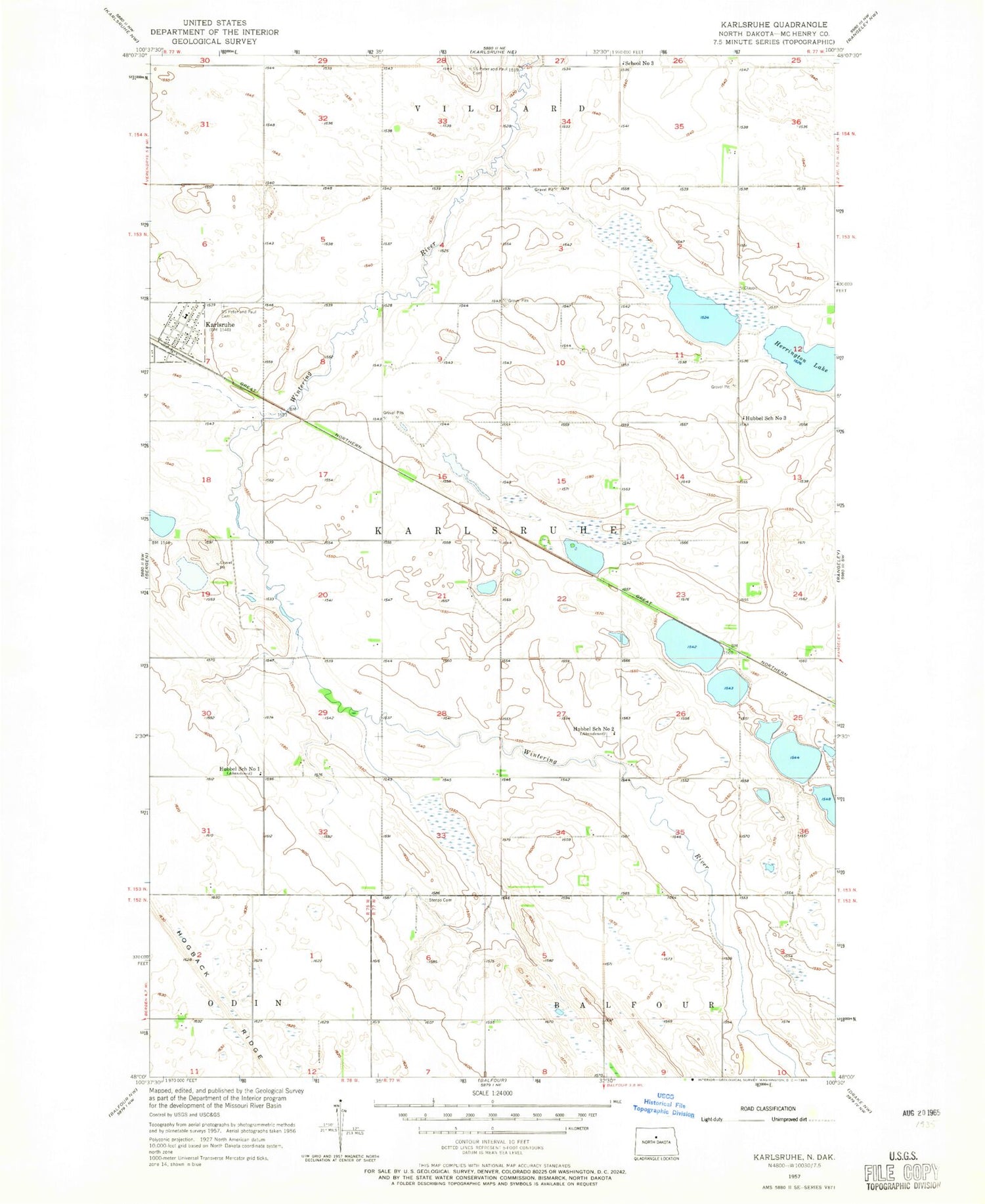 Classic USGS Karlsruhe North Dakota 7.5'x7.5' Topo Map Image