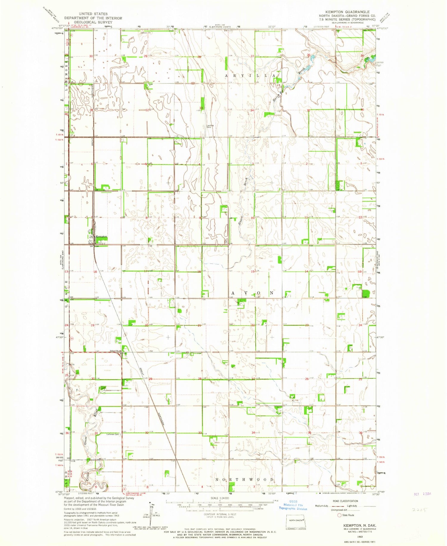 Classic USGS Kempton North Dakota 7.5'x7.5' Topo Map Image
