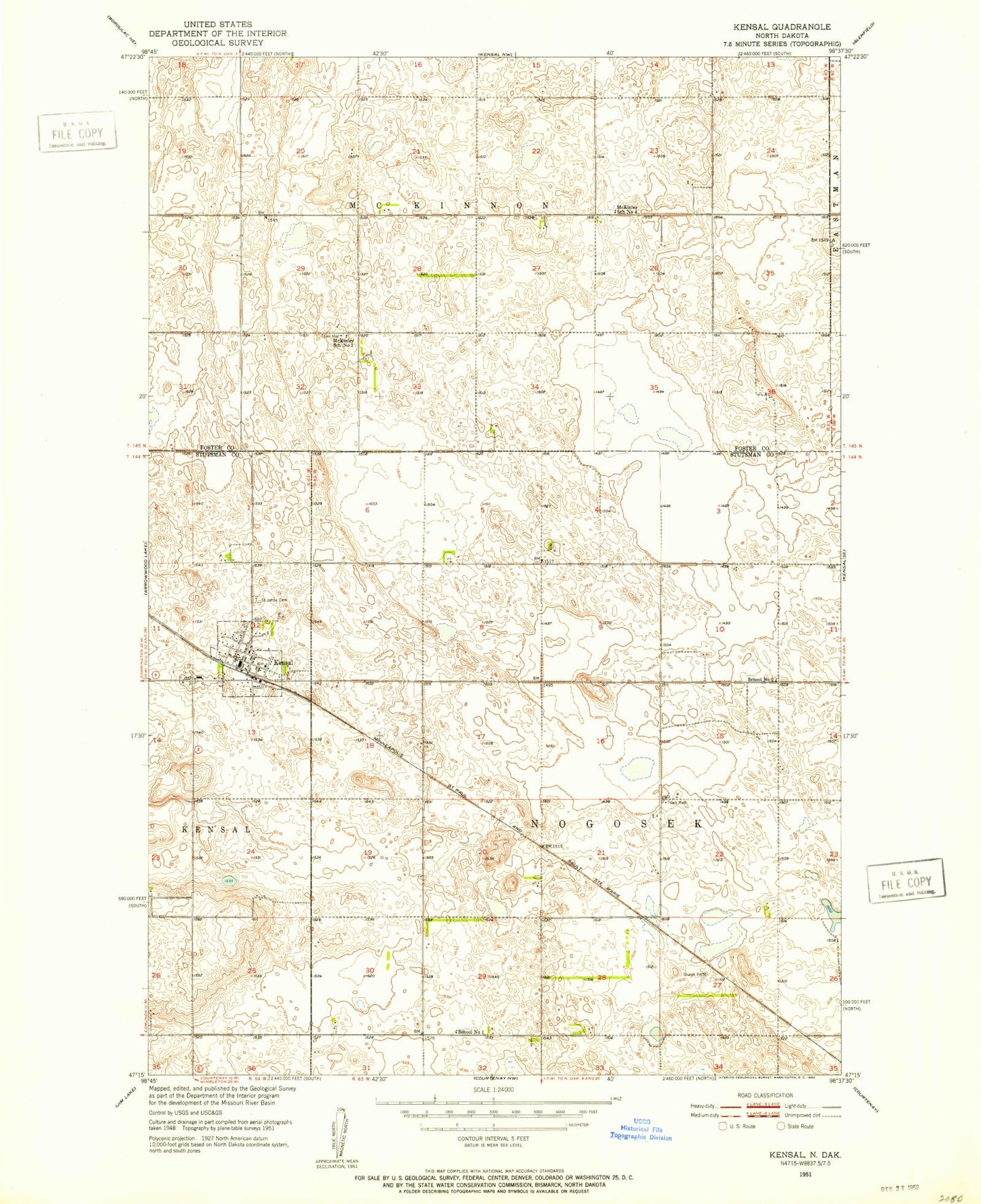 Classic USGS Kensal North Dakota 7.5'x7.5' Topo Map Image