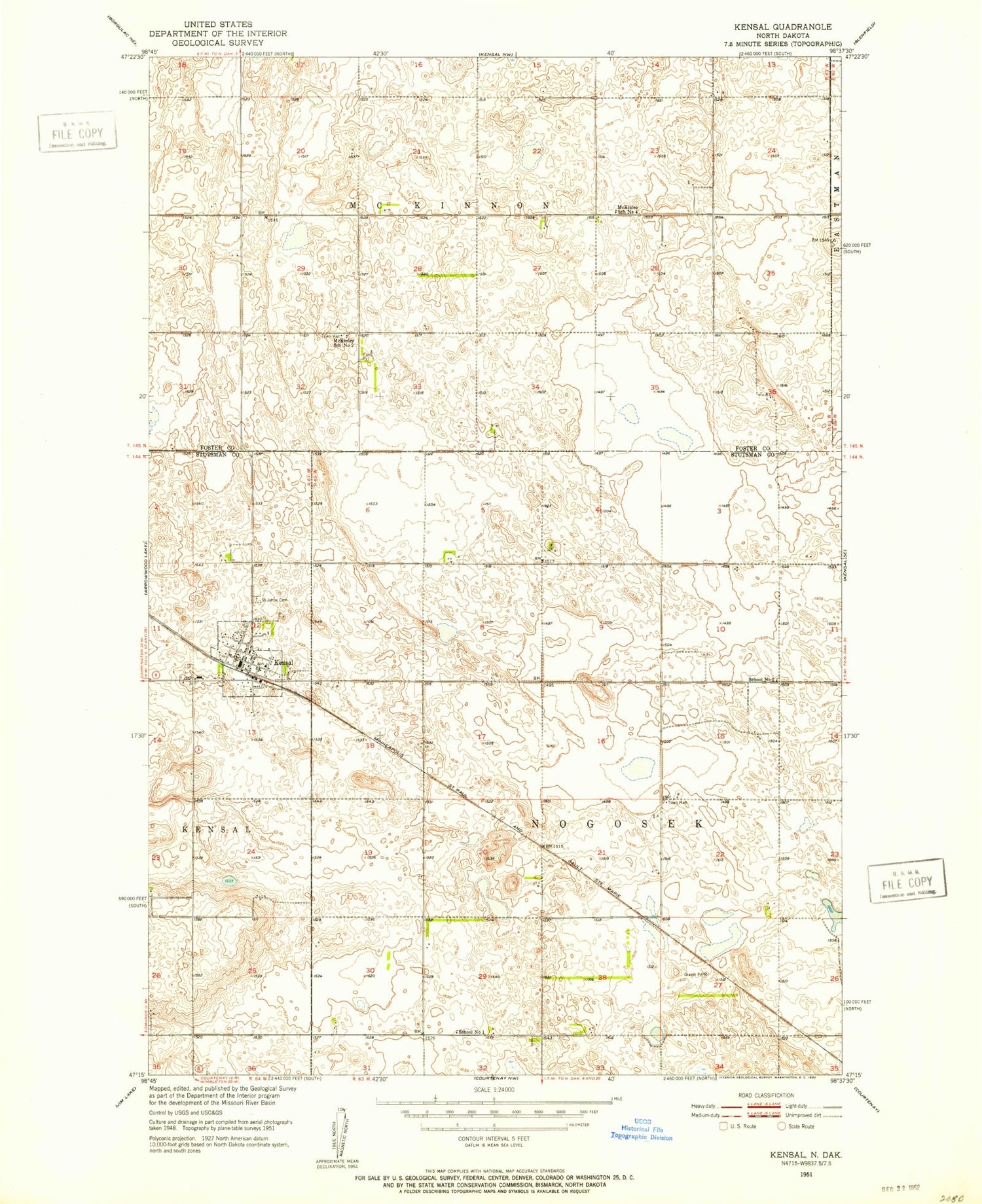 Classic USGS Kensal North Dakota 7.5'x7.5' Topo Map Image