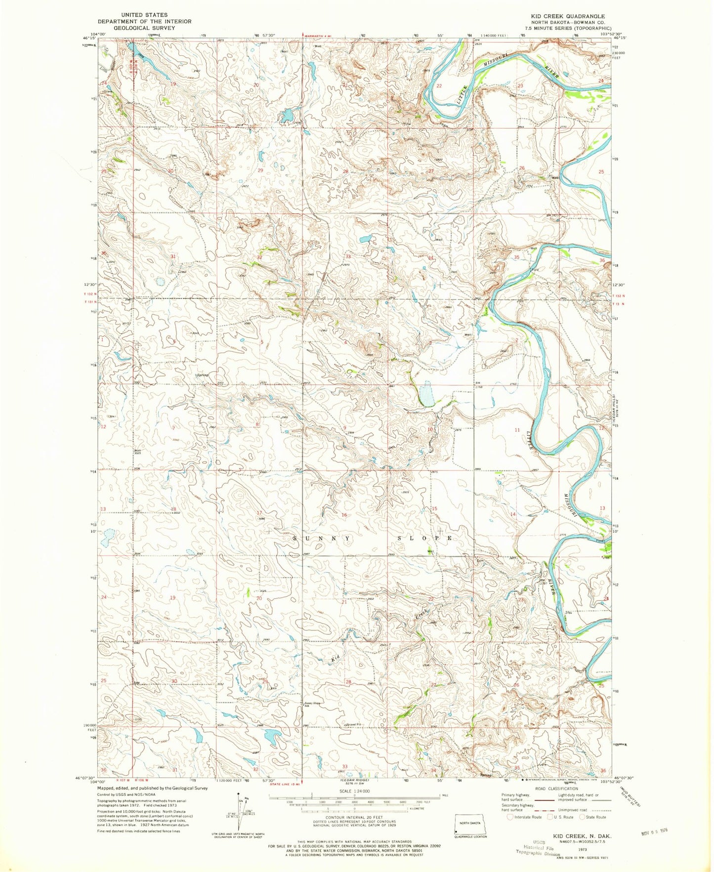 Classic USGS Kid Creek North Dakota 7.5'x7.5' Topo Map Image