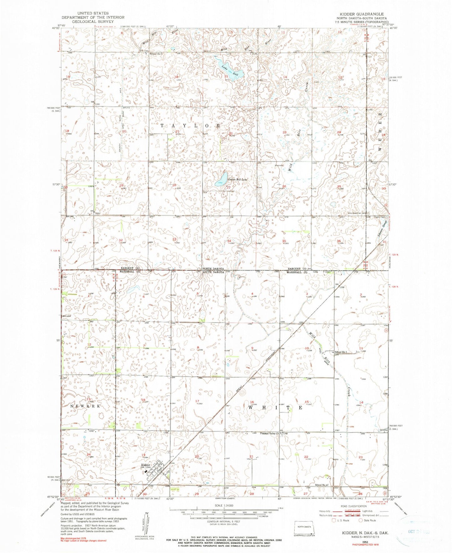Classic USGS Kidder South Dakota 7.5'x7.5' Topo Map Image