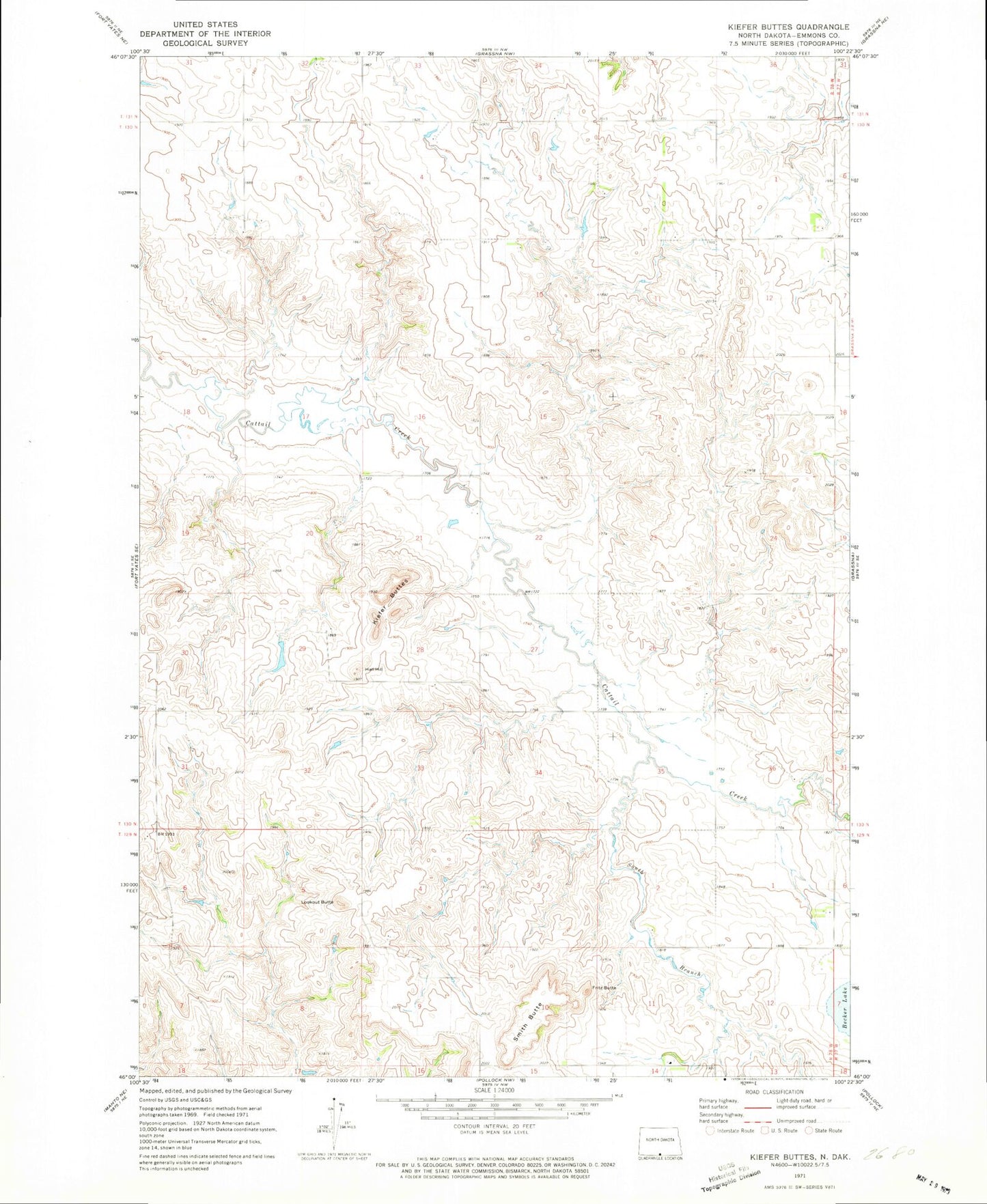 Classic USGS Kiefer Buttes North Dakota 7.5'x7.5' Topo Map Image