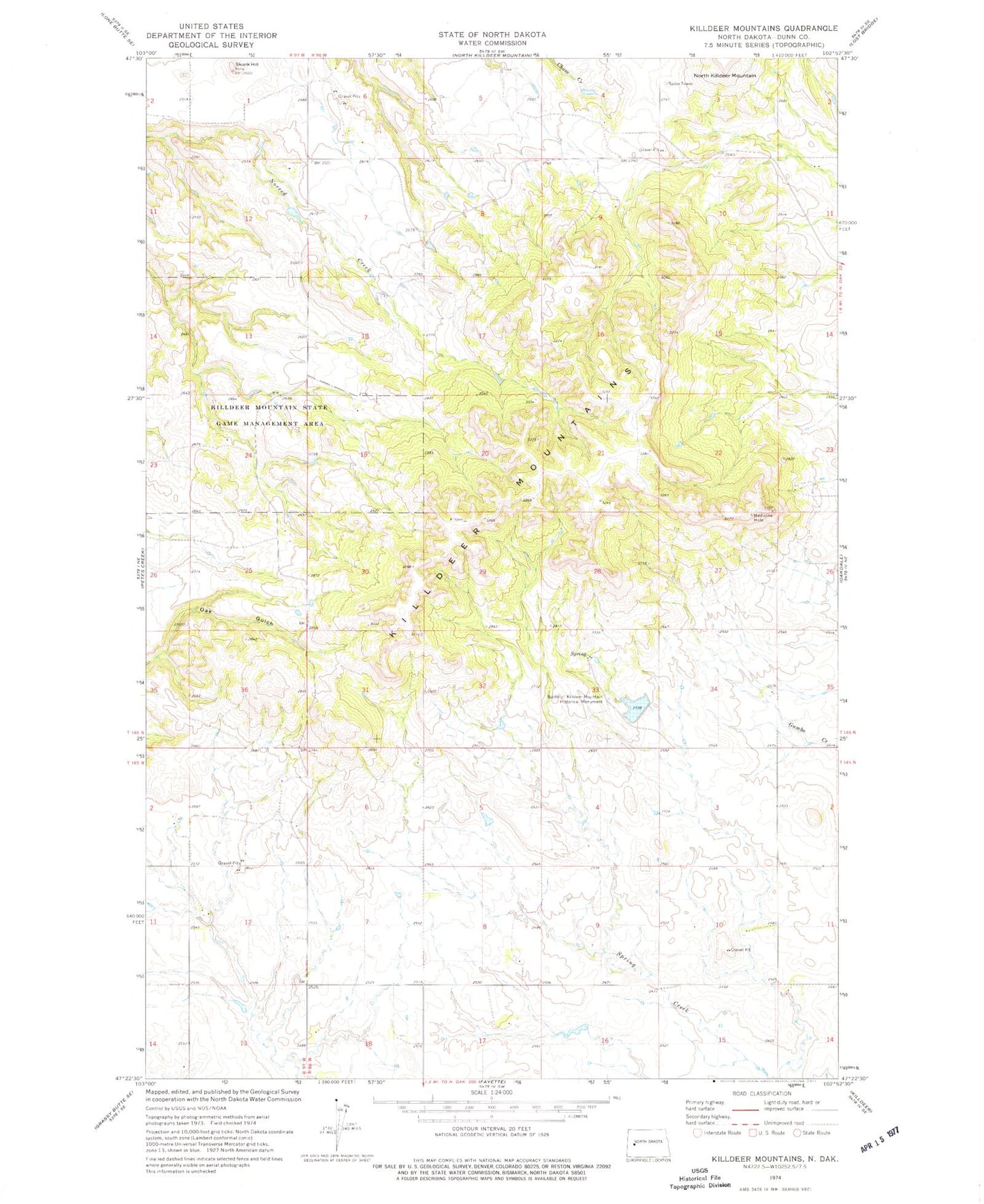 Classic USGS Killdeer Mountains North Dakota 7.5'x7.5' Topo Map Image