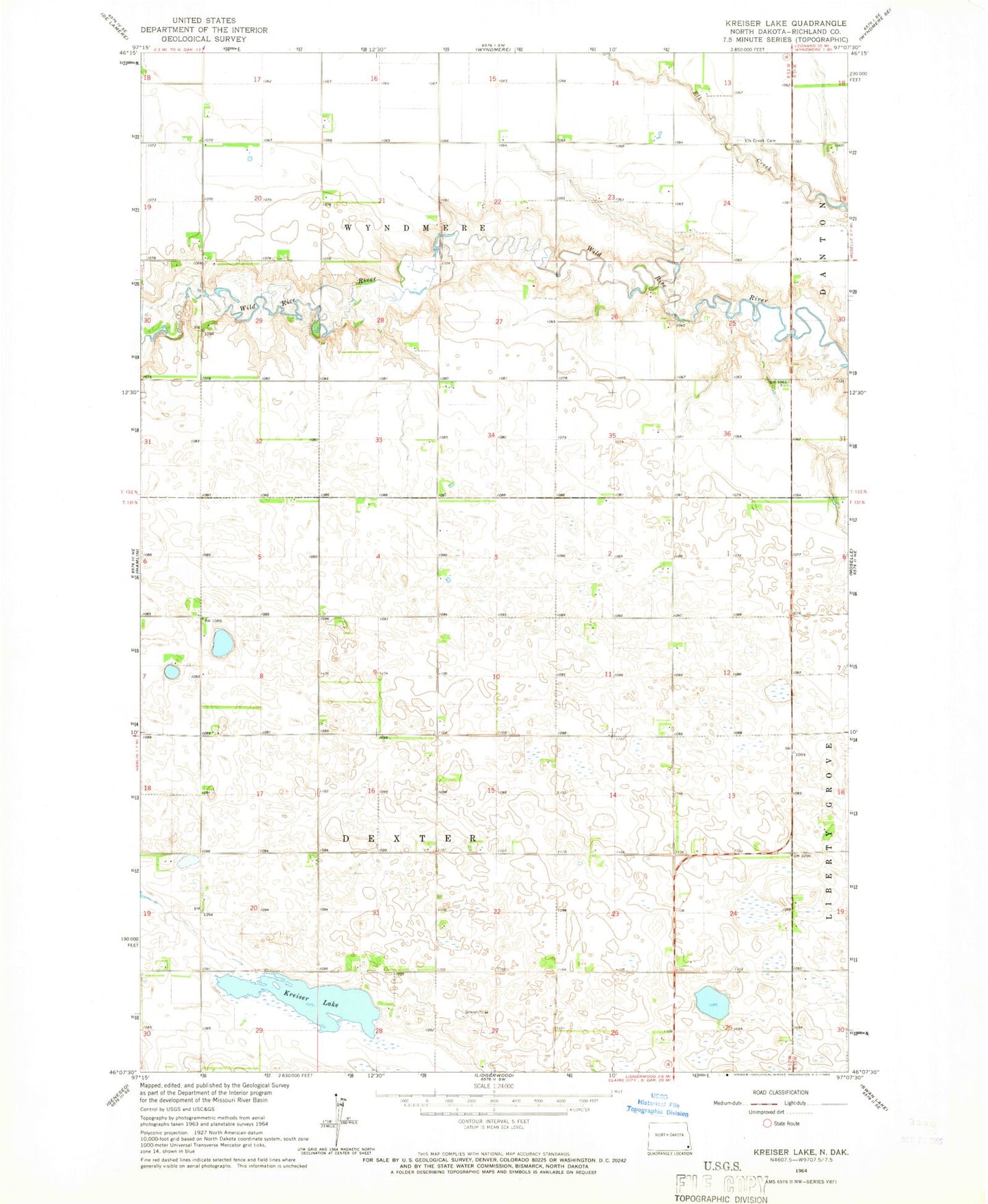 Classic USGS Kreiser Lake North Dakota 7.5'x7.5' Topo Map Image