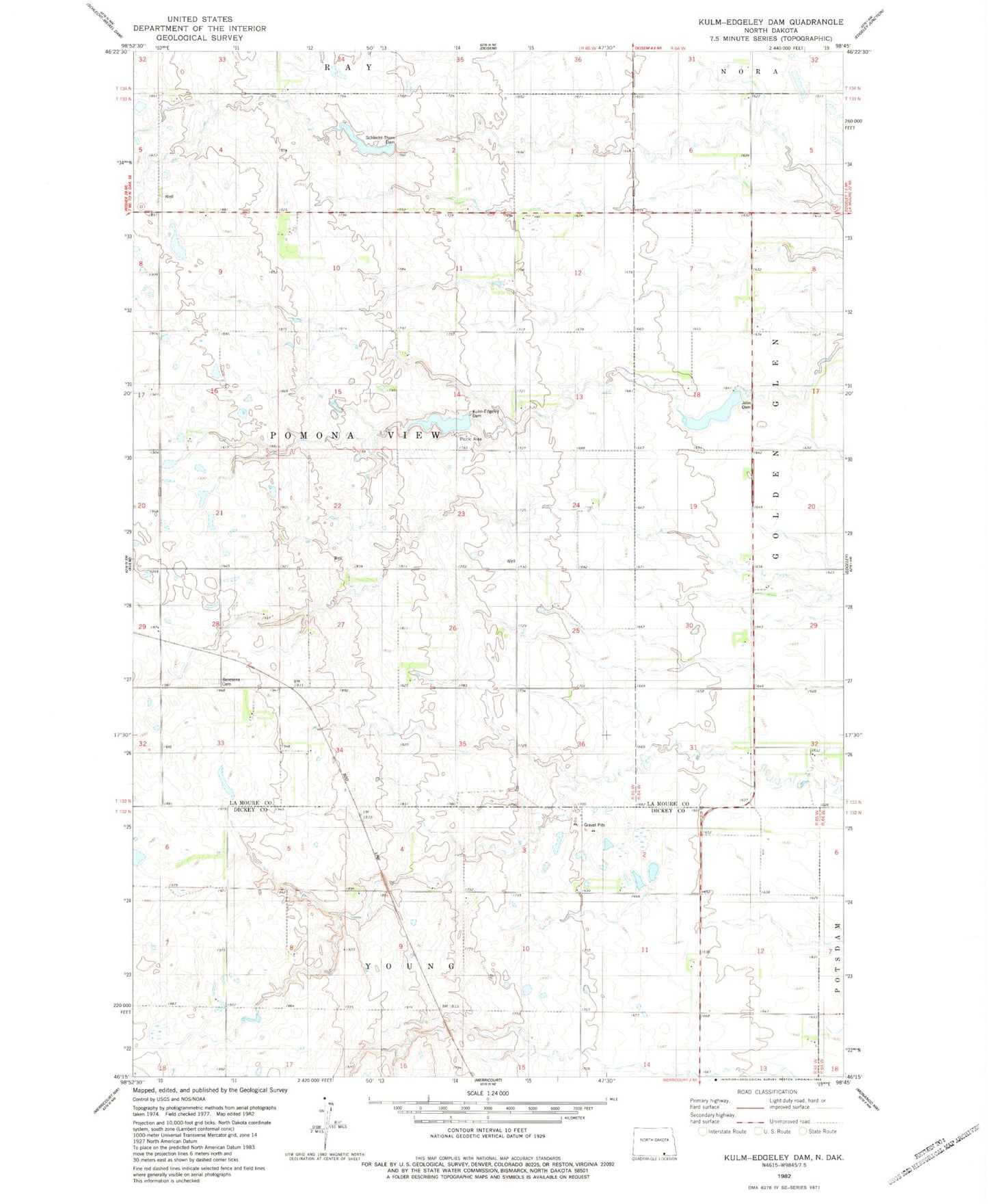 Classic USGS Kulm-Edgeley Dam North Dakota 7.5'x7.5' Topo Map Image