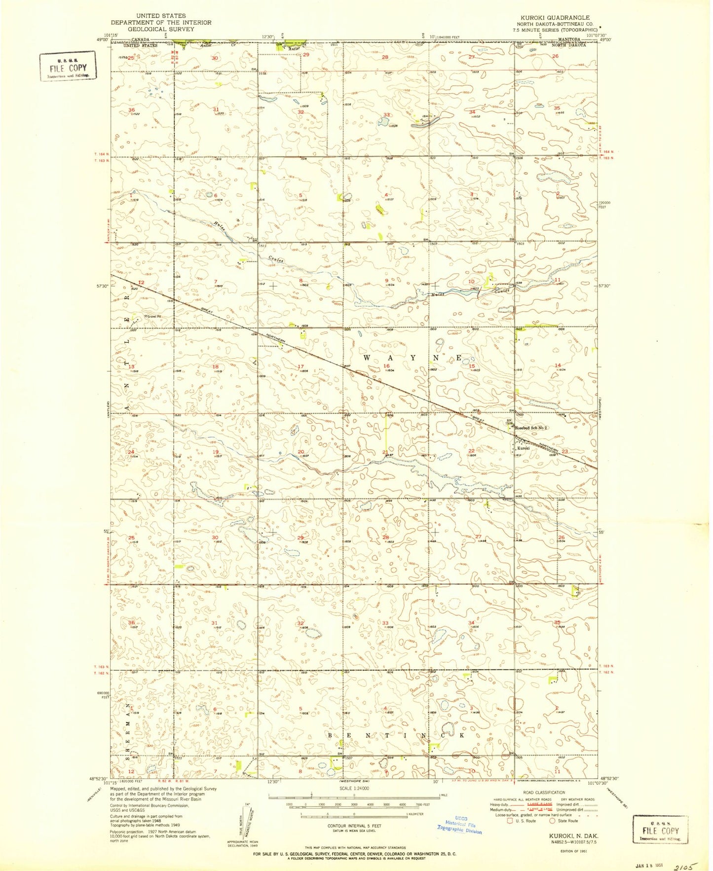 Classic USGS Kuroki North Dakota 7.5'x7.5' Topo Map Image