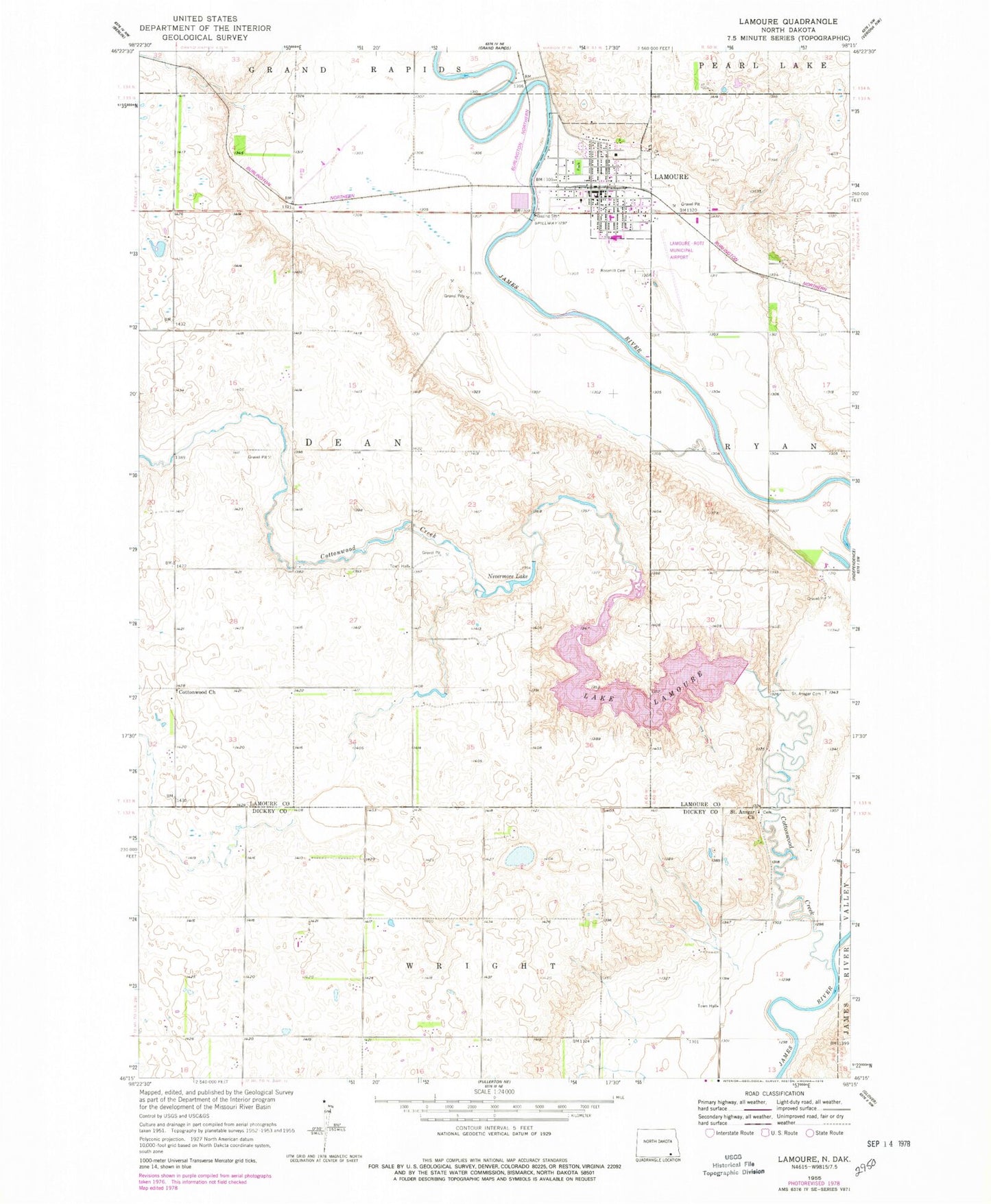 Classic USGS LaMoure North Dakota 7.5'x7.5' Topo Map Image