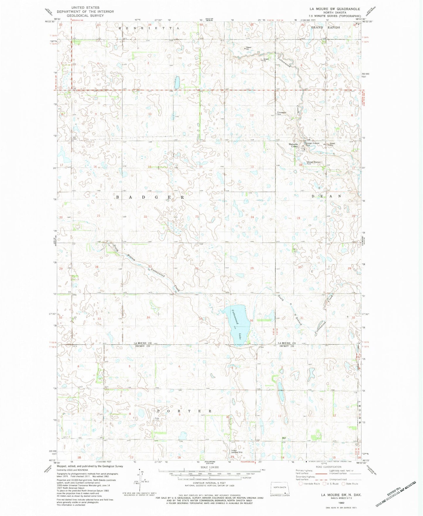 Classic USGS LaMoure SW North Dakota 7.5'x7.5' Topo Map Image