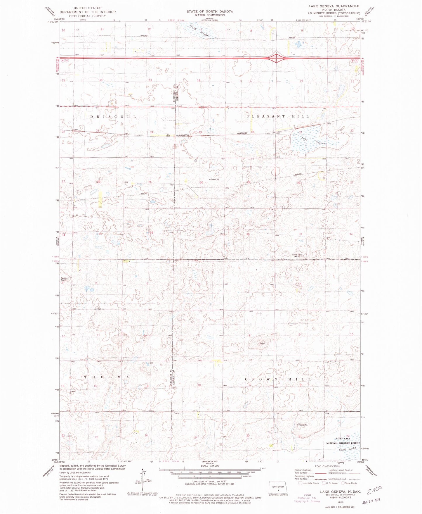 Classic USGS Lake Geneva North Dakota 7.5'x7.5' Topo Map Image