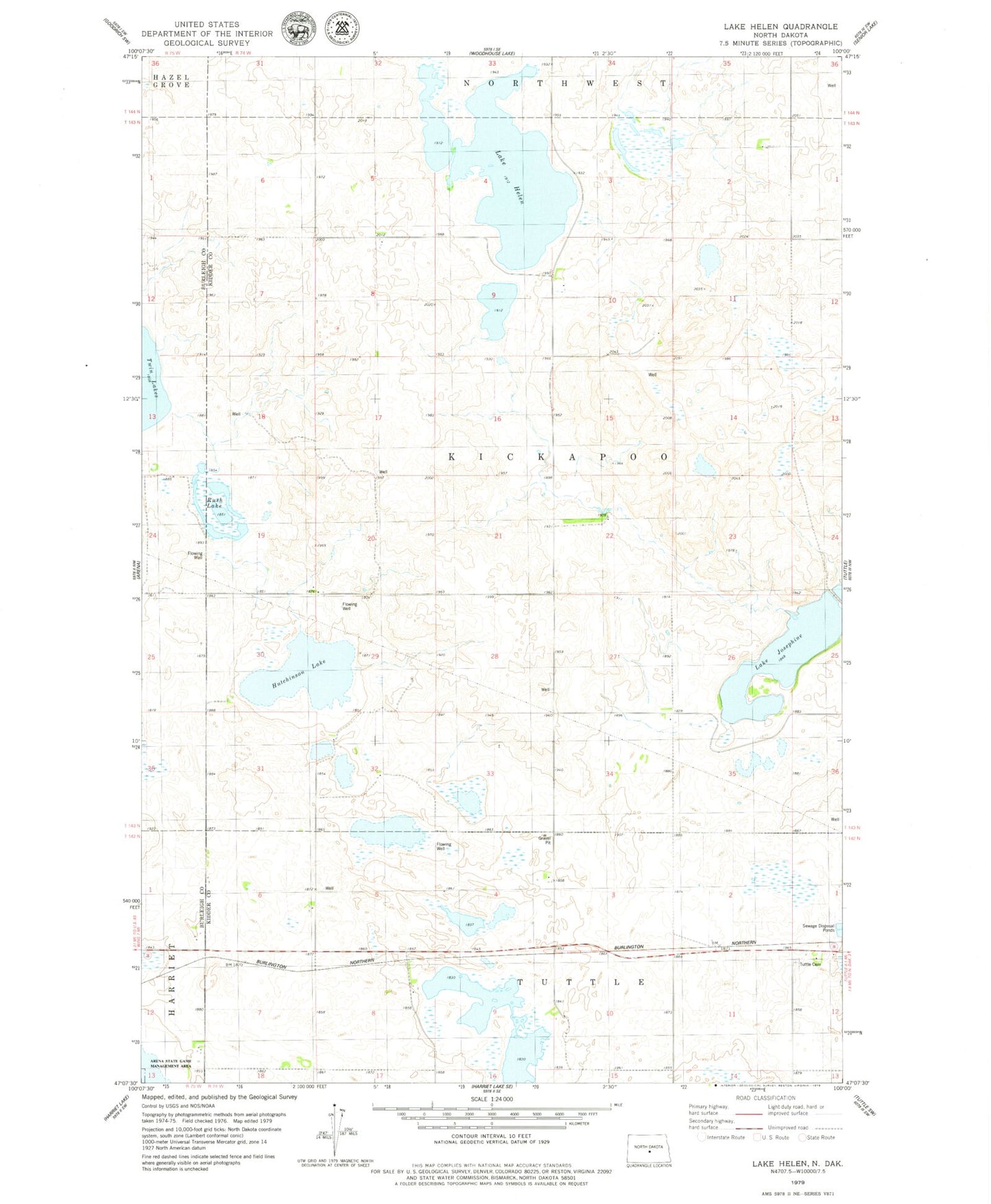 Classic USGS Lake Helen North Dakota 7.5'x7.5' Topo Map Image