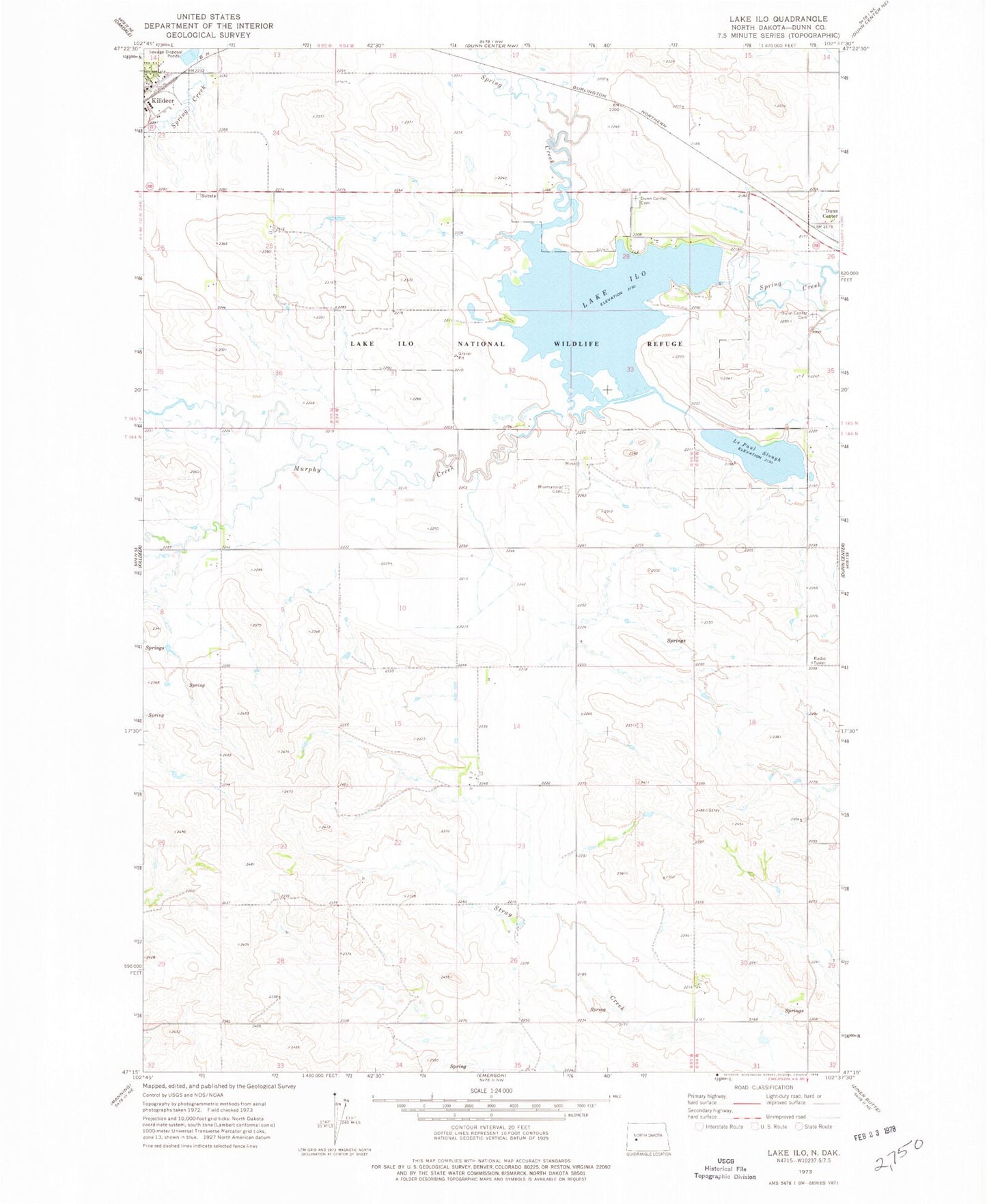Classic USGS Lake Ilo North Dakota 7.5'x7.5' Topo Map Image