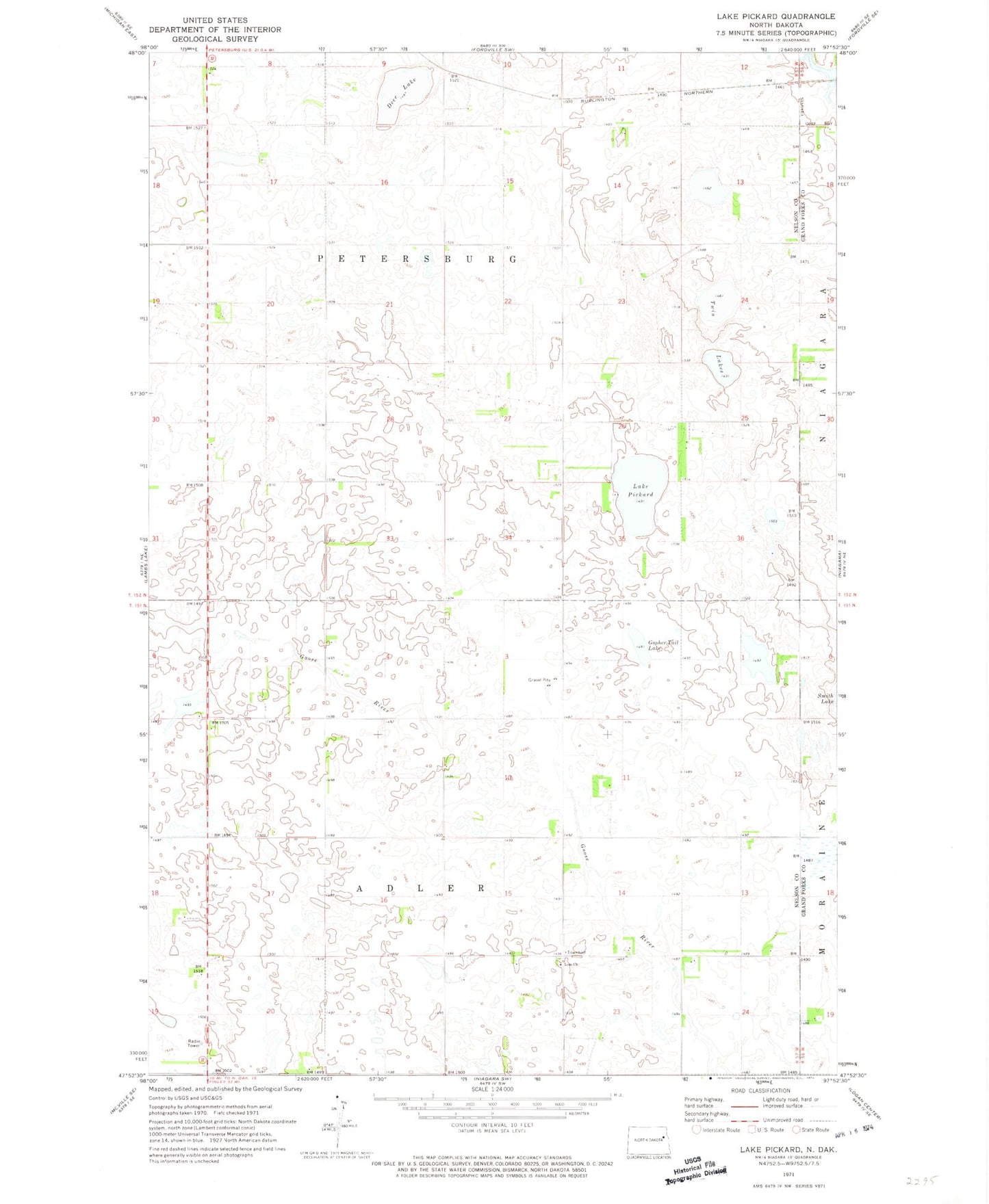 Classic USGS Lake Pickard North Dakota 7.5'x7.5' Topo Map Image