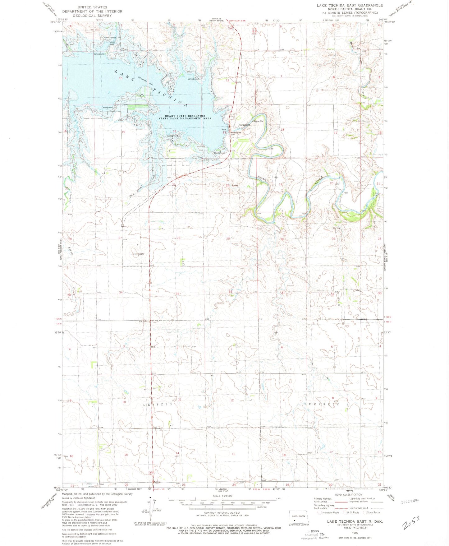 Classic USGS Lake Tschida East North Dakota 7.5'x7.5' Topo Map Image