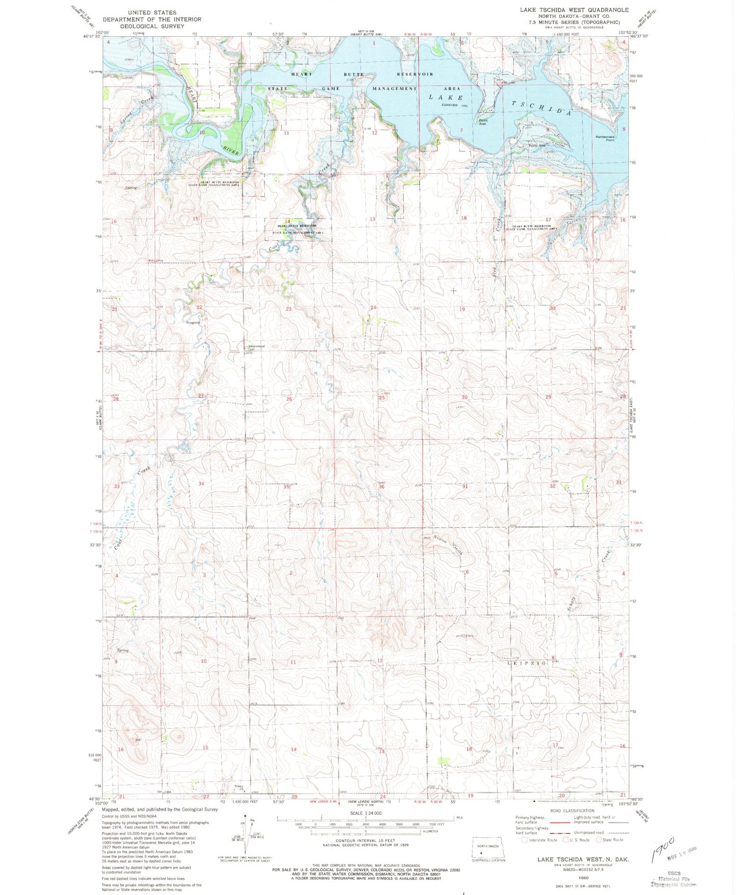 Classic USGS Lake Tschida West North Dakota 7.5'x7.5' Topo Map Image