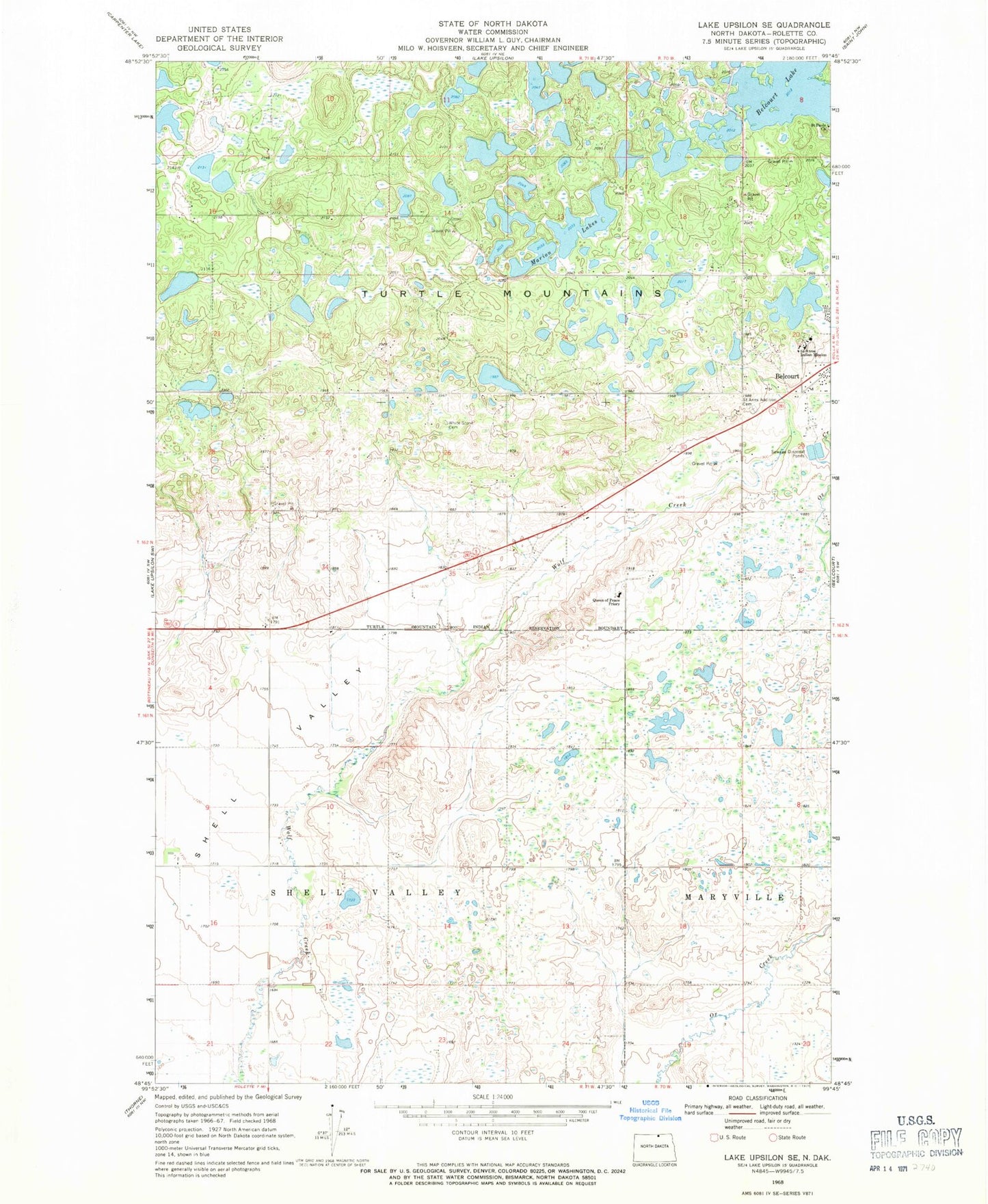 Classic USGS Lake Upsilon SE North Dakota 7.5'x7.5' Topo Map Image