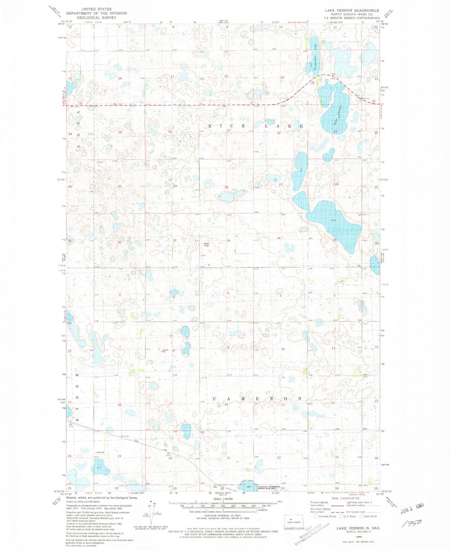 Classic USGS Lake Vernon North Dakota 7.5'x7.5' Topo Map Image
