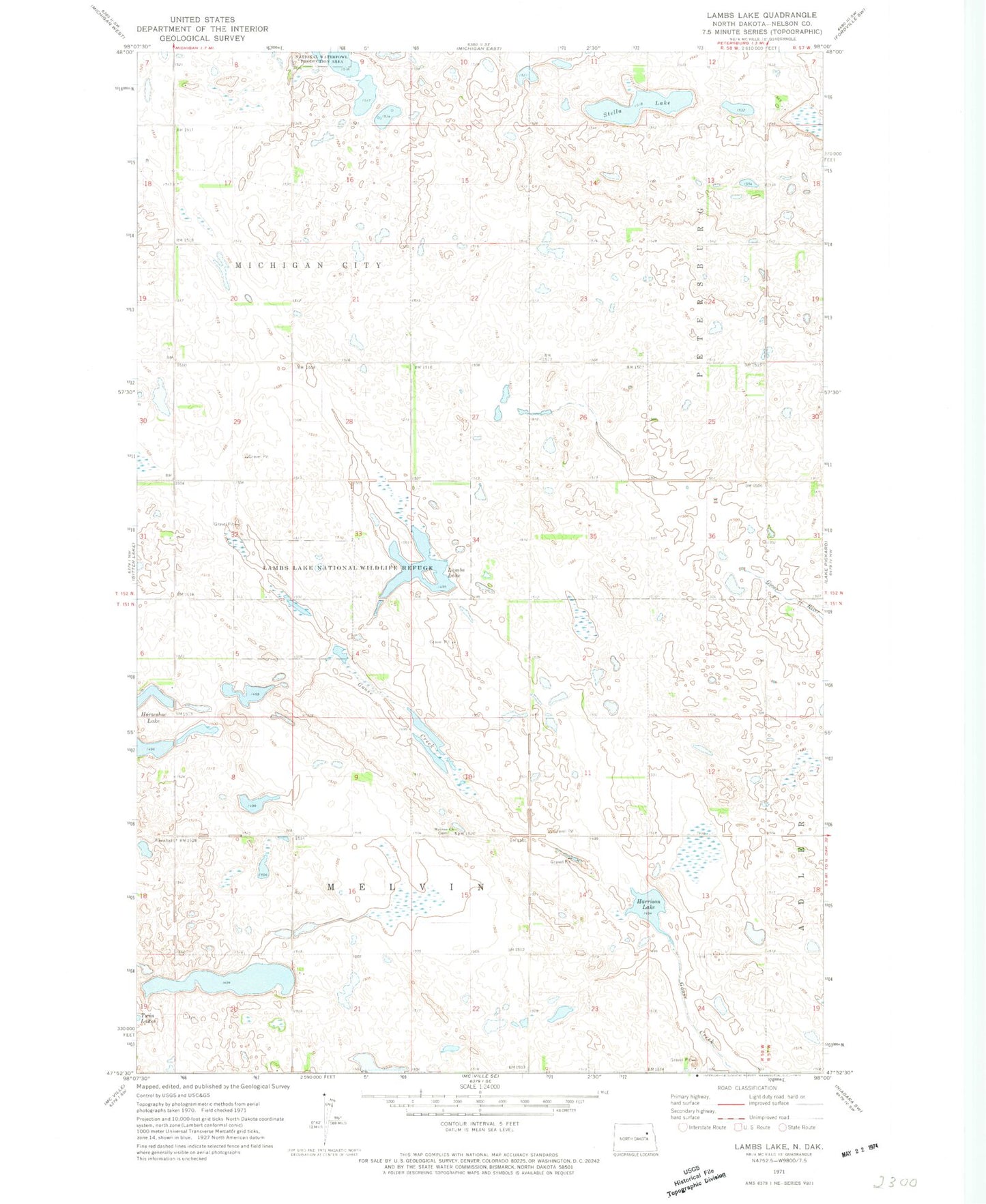 Classic USGS Lambs Lake North Dakota 7.5'x7.5' Topo Map Image