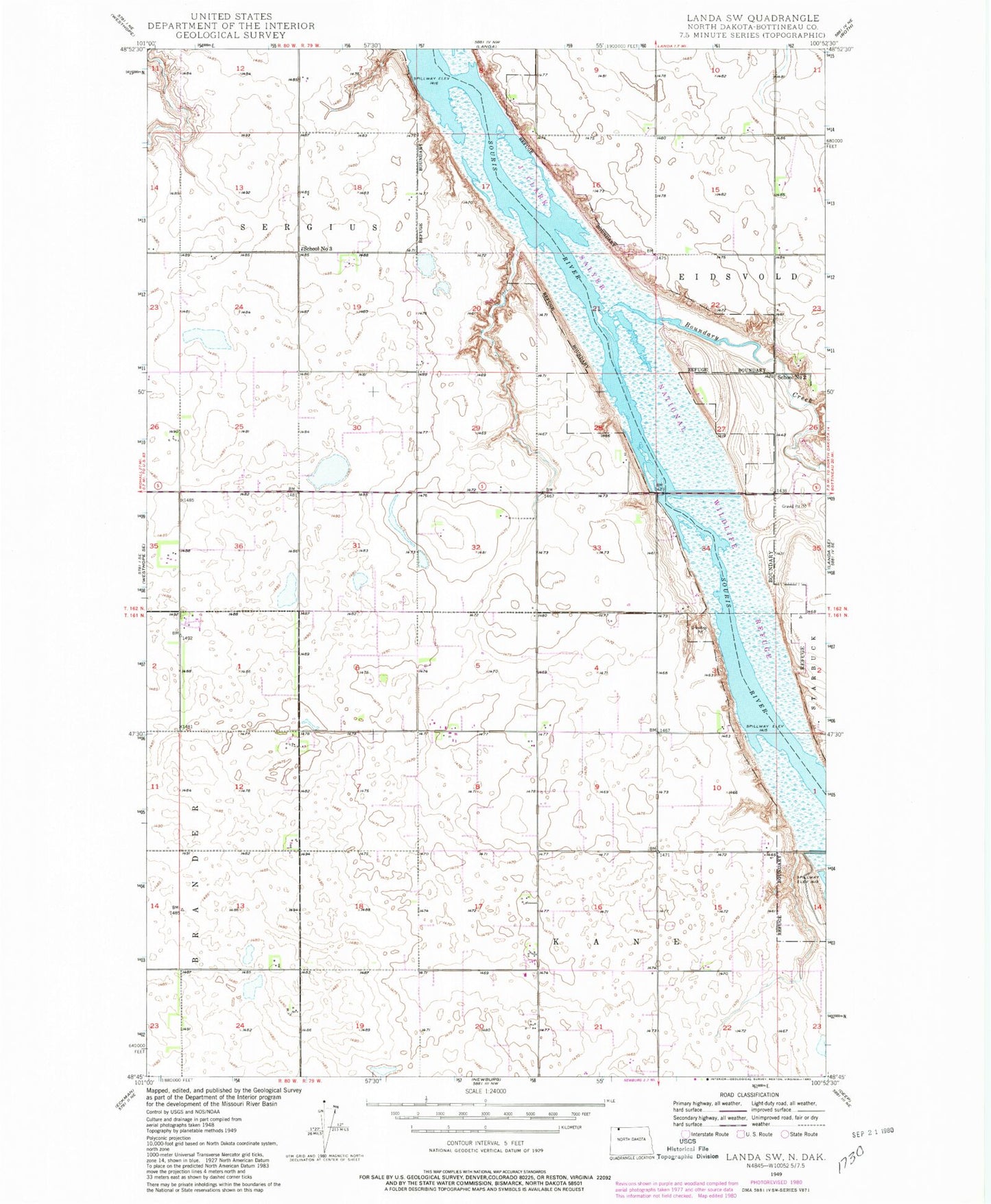 Classic USGS Landa SW North Dakota 7.5'x7.5' Topo Map Image