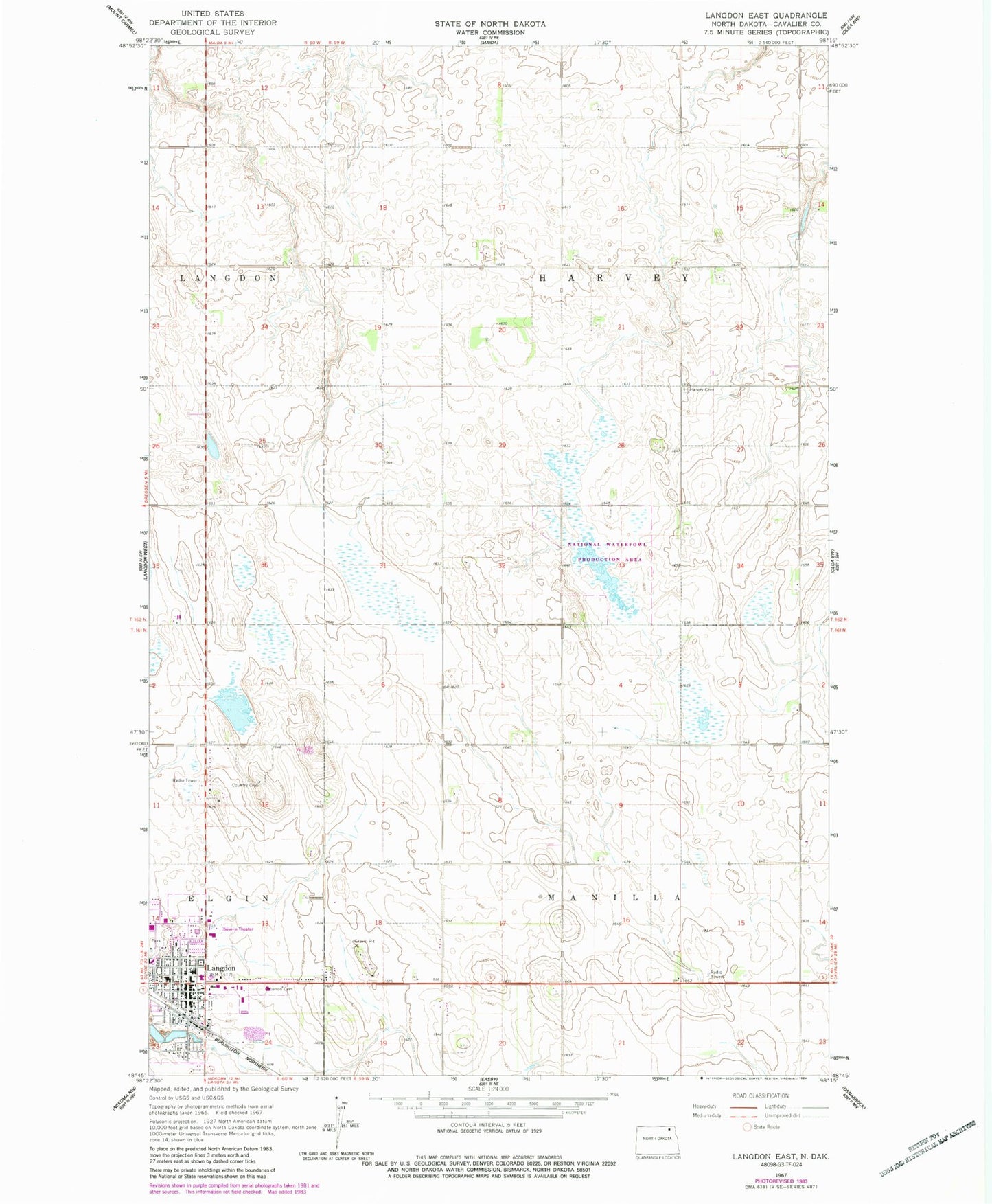 Classic USGS Langdon East North Dakota 7.5'x7.5' Topo Map Image