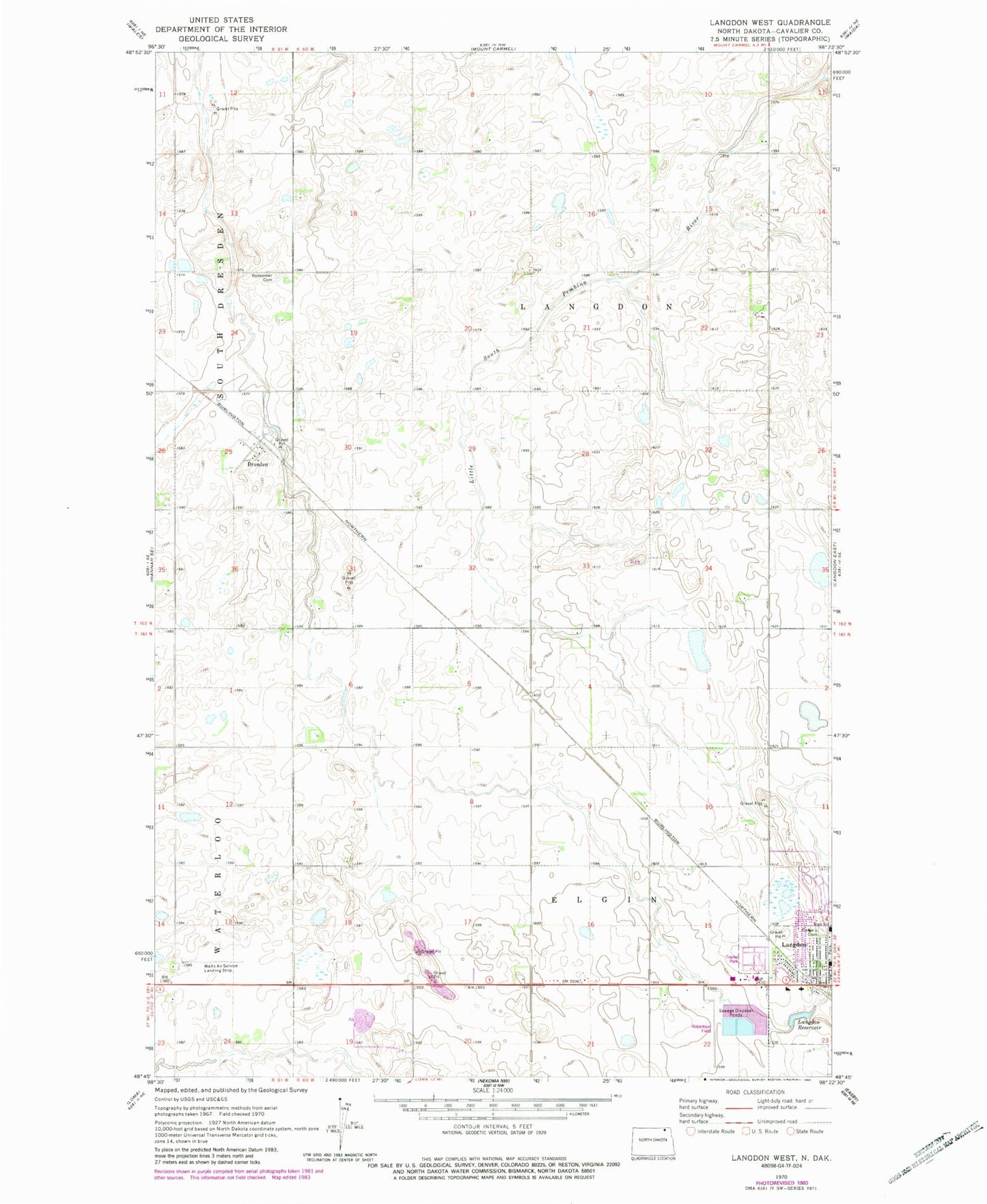 Classic USGS Langdon West North Dakota 7.5'x7.5' Topo Map Image