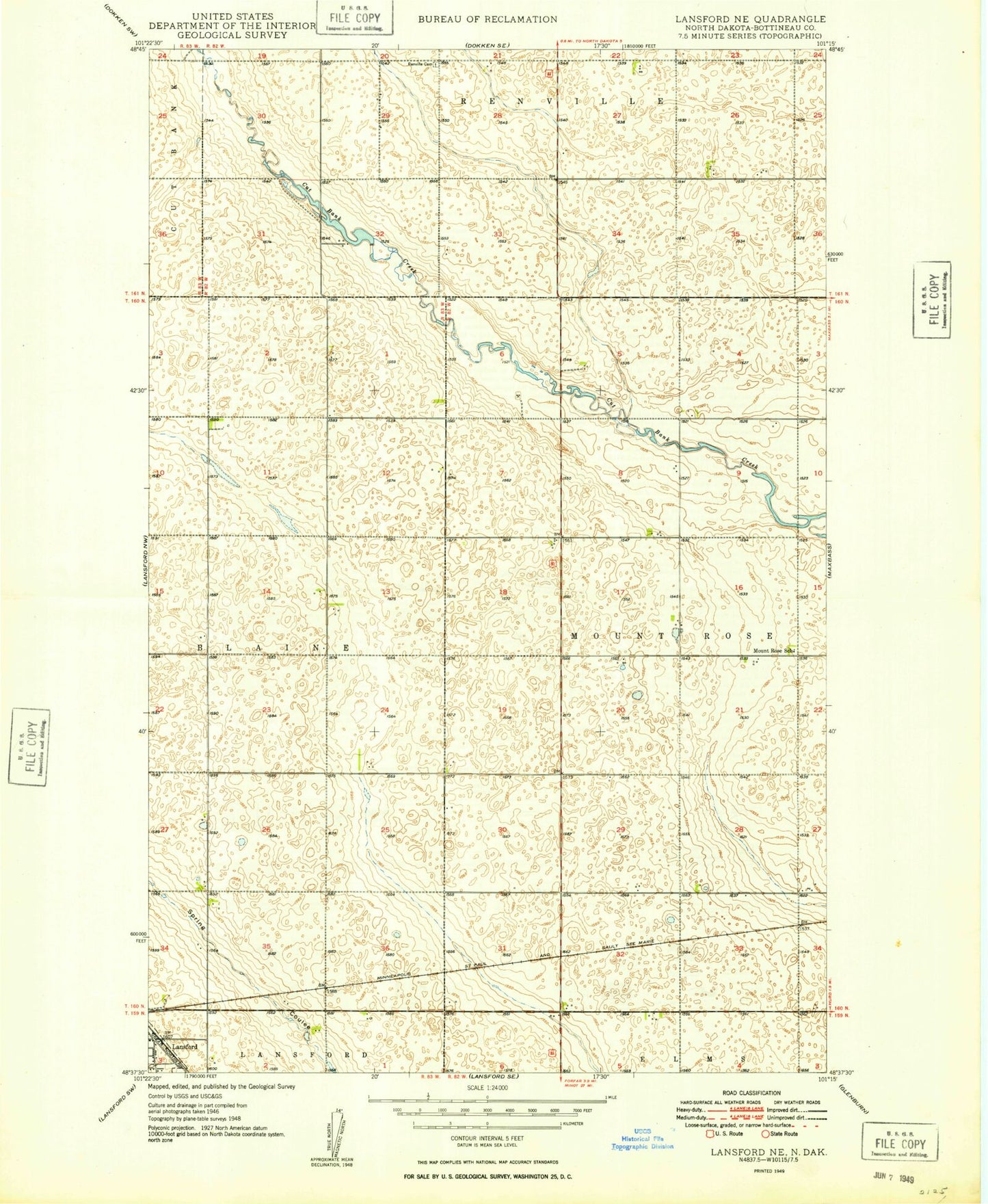 Classic USGS Lansford NE North Dakota 7.5'x7.5' Topo Map Image