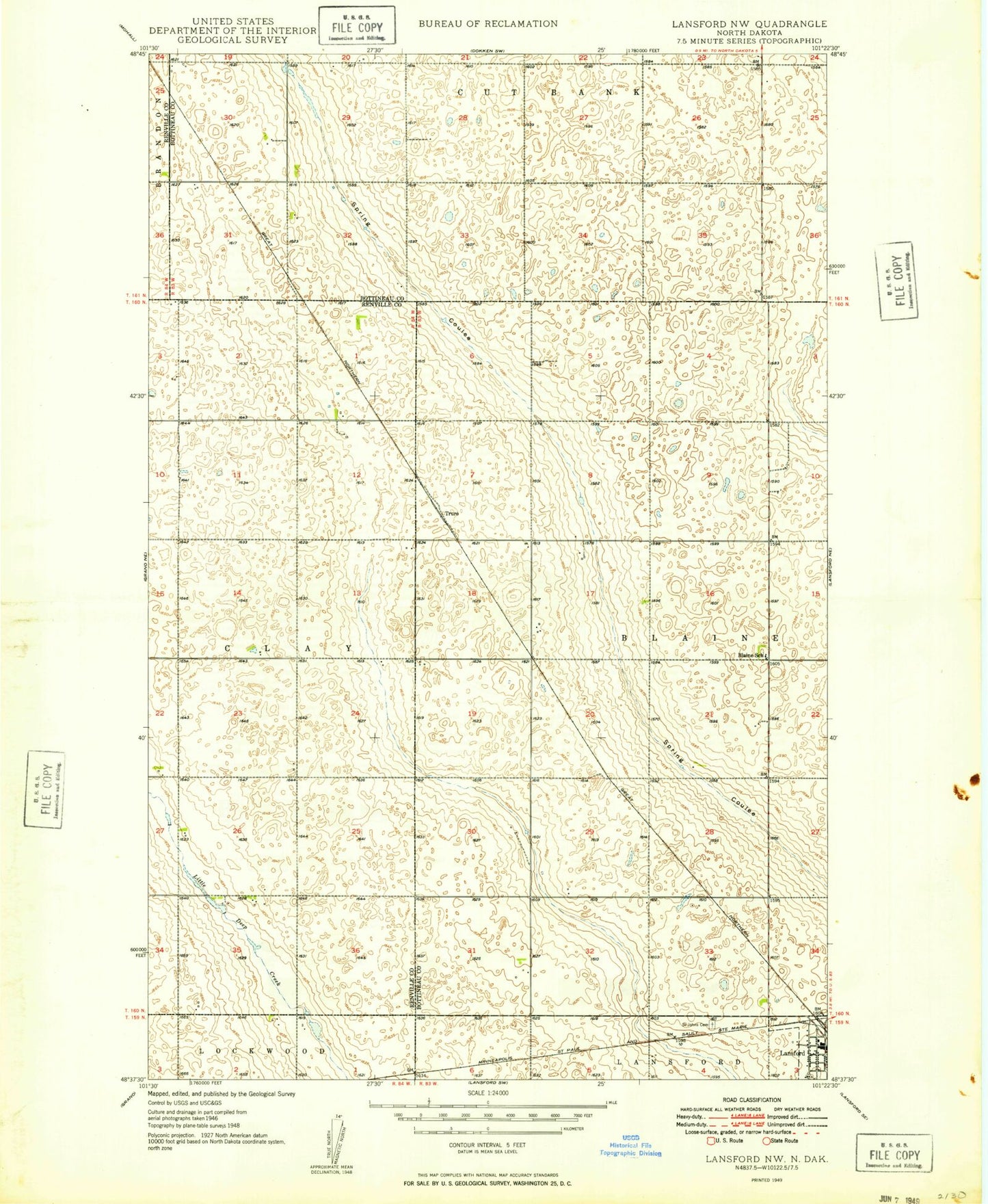 Classic USGS Lansford NW North Dakota 7.5'x7.5' Topo Map Image