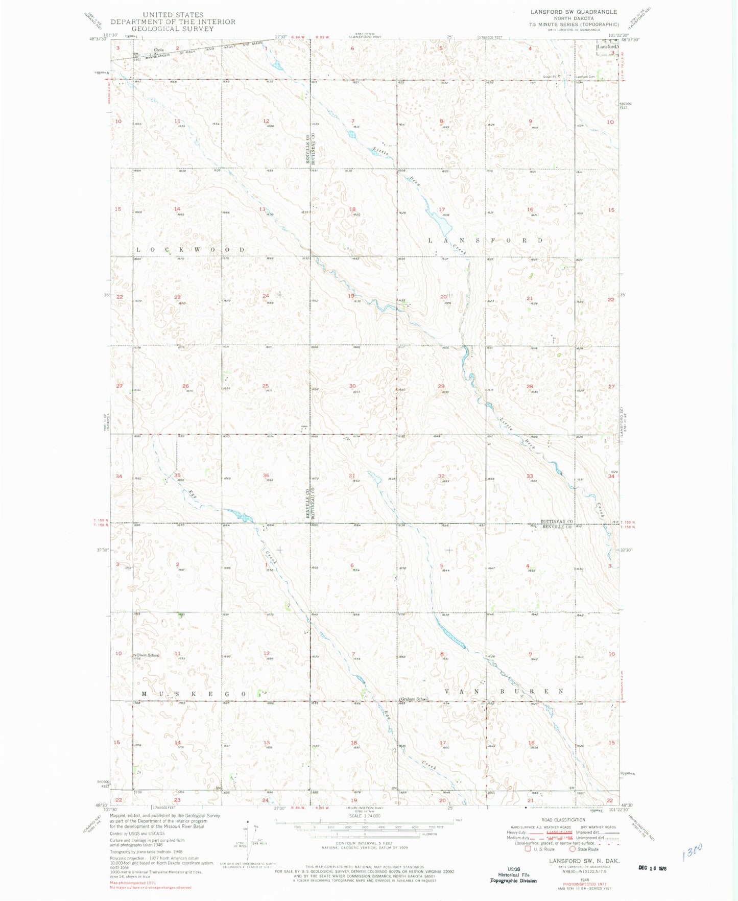 Classic USGS Lansford SW North Dakota 7.5'x7.5' Topo Map Image