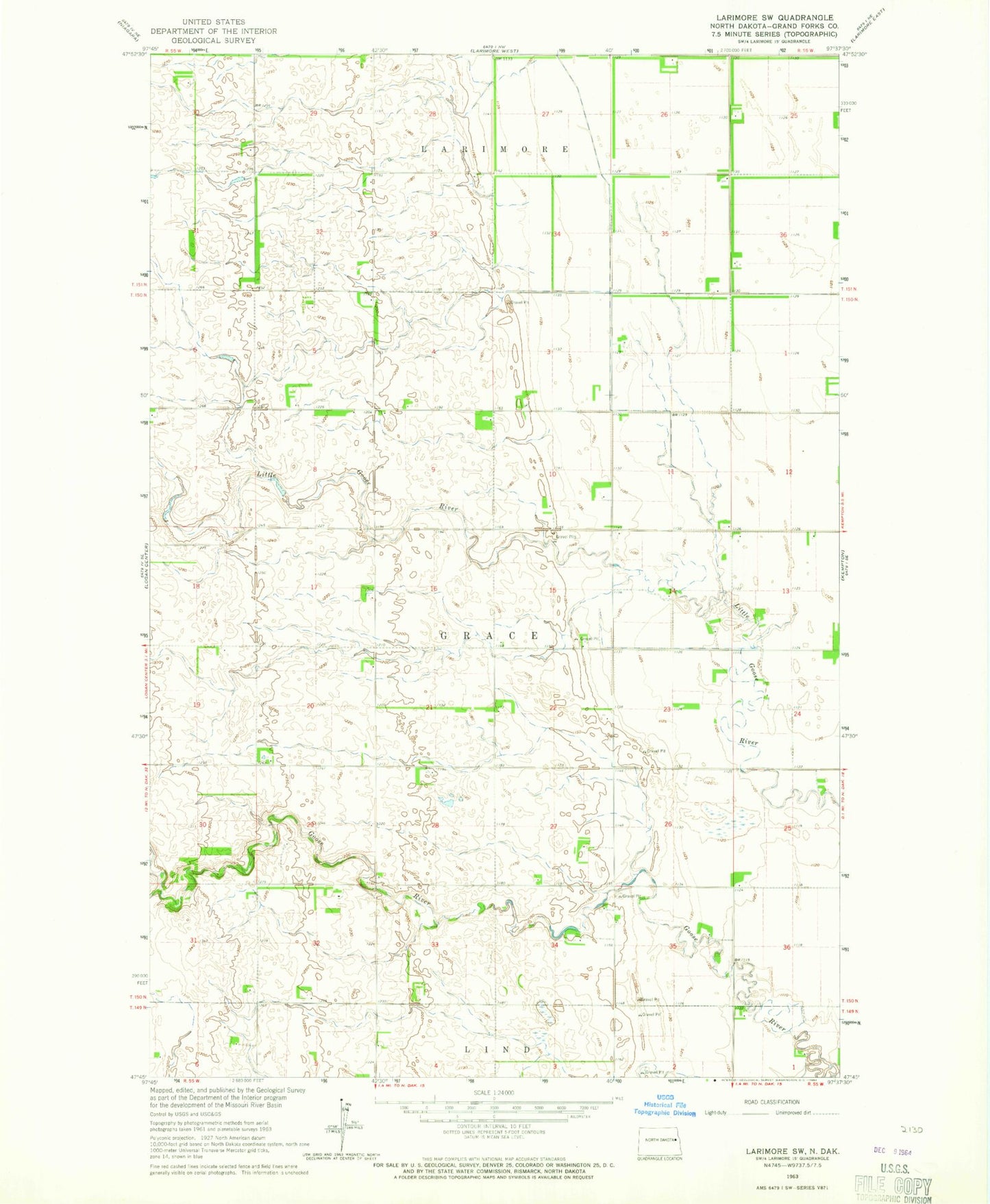 Classic USGS Larimore SW North Dakota 7.5'x7.5' Topo Map Image
