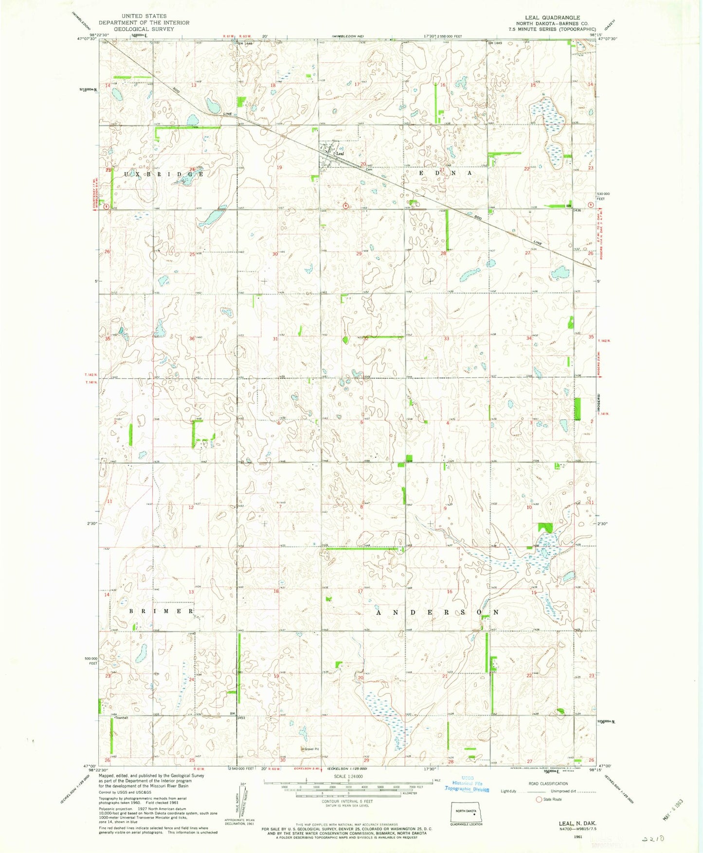 Classic USGS Leal North Dakota 7.5'x7.5' Topo Map Image