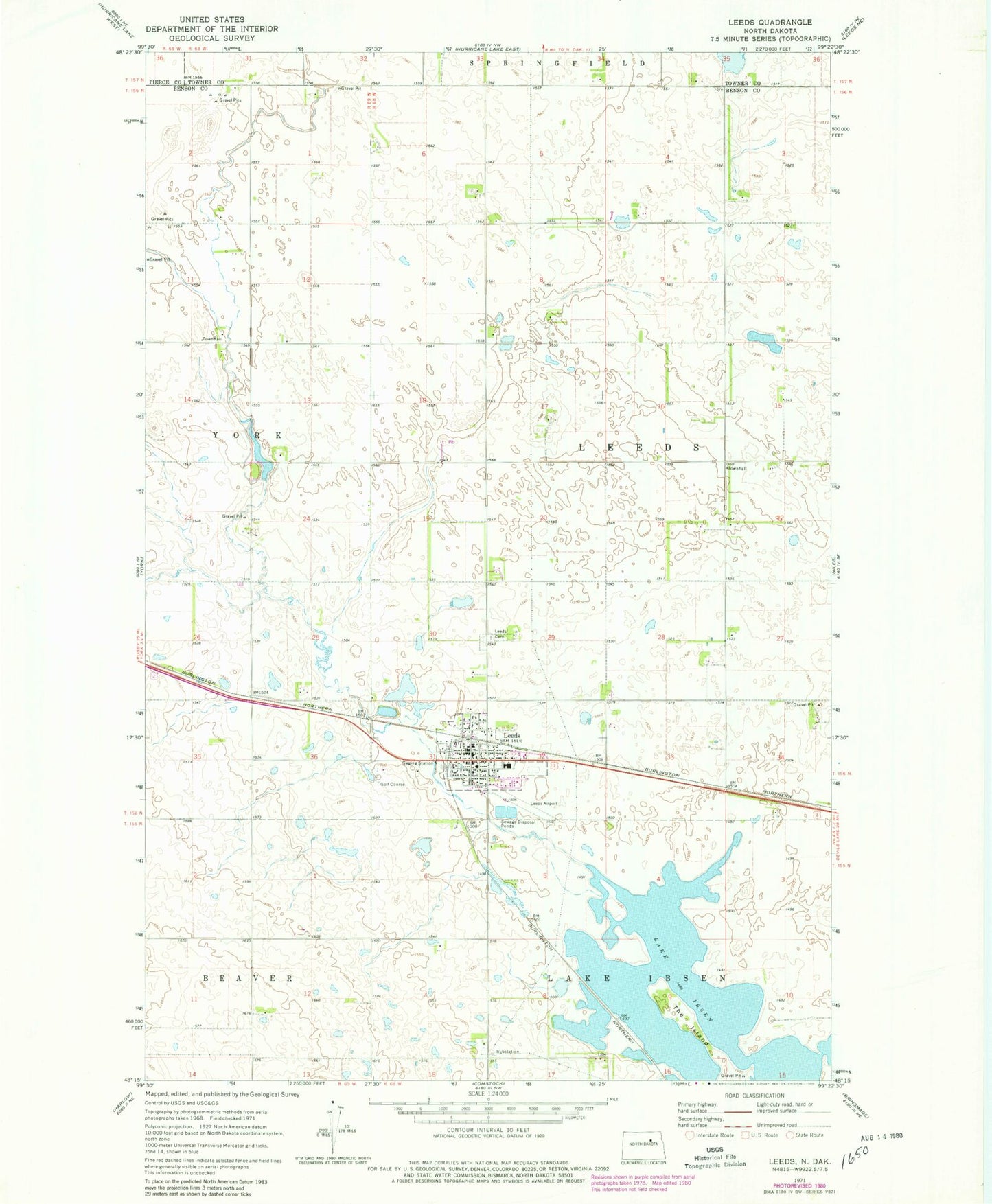 Classic USGS Leeds North Dakota 7.5'x7.5' Topo Map Image