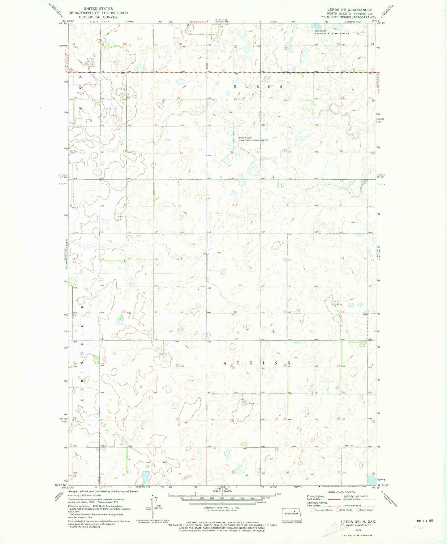 Classic USGS Leeds NE North Dakota 7.5'x7.5' Topo Map Image